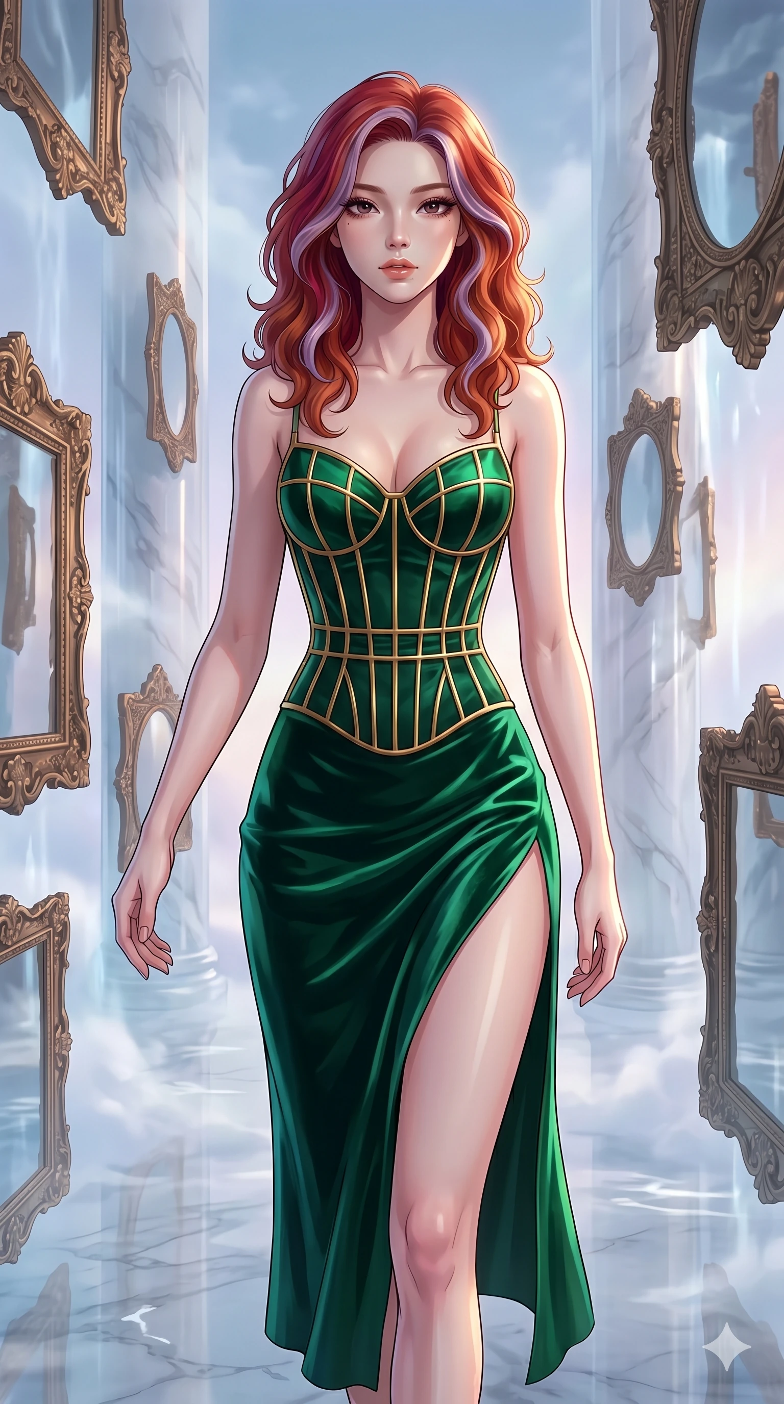 score_9, masterpiece, best quality, ultra-detailed, high-budget anime keyframe, Korean woman. upper body close-up from the thighs up, character filling the screen for maximum presence. wandering through a mirage cloud cathedral of translucent marble and water mist, surrounded by floating ancient bronze mirror walls. She has an absolutely perfect 8-heads proportion, an exceptionally tall and slender female figure with impossibly long slender legs and an ultra-slim waist. V-shaped jawline, high-bridge nose, intricate jewel-like eyes with depth, thick eyelashes, glossy lips with a natural sheen.. wearing a mathematical gold wire cage corset and an emerald green silk velvet slip dress with a thigh-high side slit. lit by a soft glowing ambient light and a sharp side key light that traces the sleek contours of her athletic build. 2k, ultra detail, master piece, 9:16 ratio
