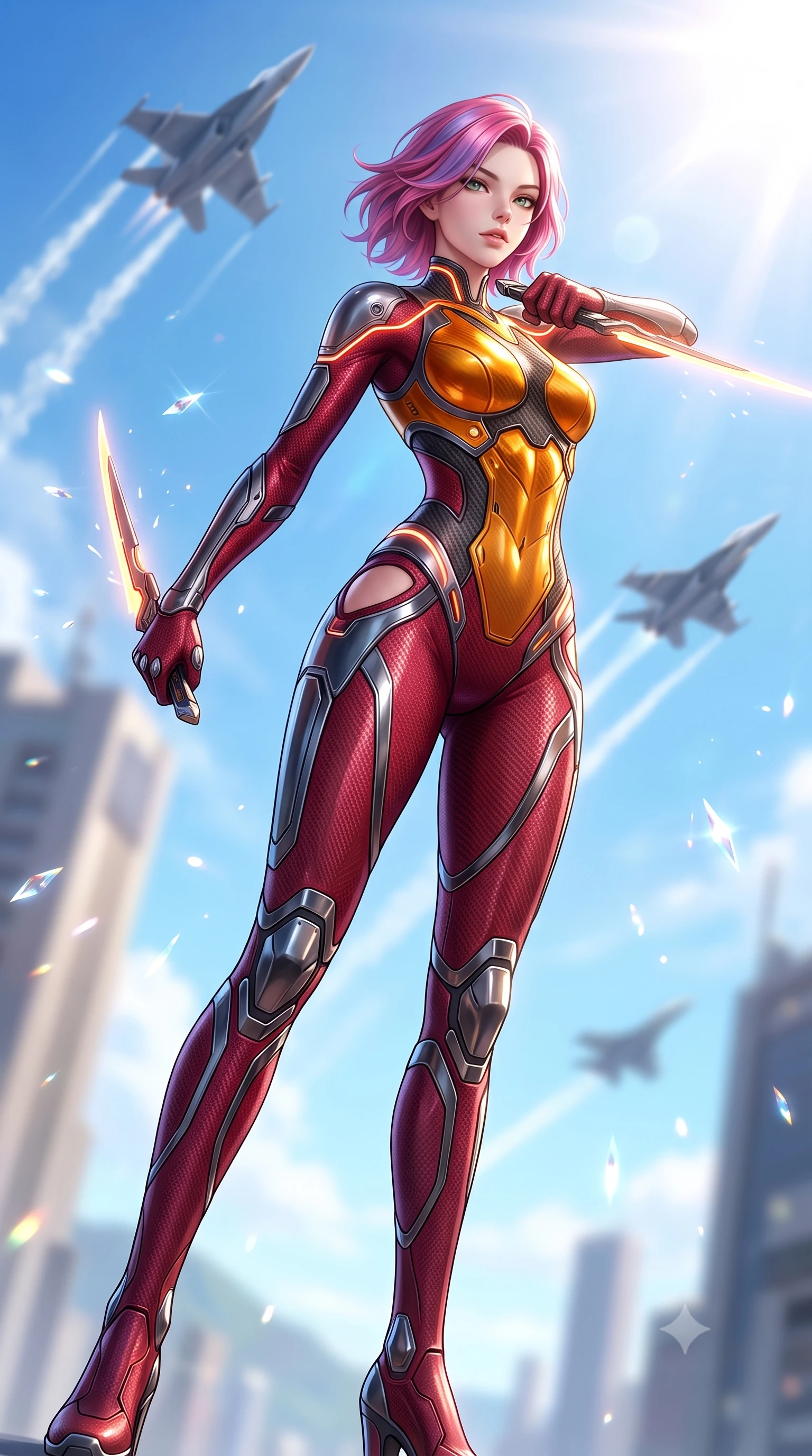 score_9, masterpiece, best quality, ultra-detailed, high-budget anime keyframe, semi-realistic 3D game render, editorial fashion photography, tasteful artistic composition, Caucasian woman. low angle full-body shot from head to toe showing her feet, filling the entire 9:16 vertical frame with her statuesque presence, stretching her vertical silhouette. pivoting dynamically in mid-motion with a breathtakingly alluring posture, displaying her flawless model proportions, toned flat midriff, and ultra-slim waist while arching her back in fluid poise as supersonic jet fighters streak overhead through brilliant high-altitude sunlight. The composition keeps background elements in soft focus with creamy bokeh. glistening nano-crystal blade facets scattering bright sun glints across a breathtaking sky backdrop. She has an absolutely perfect, statuesque 8.5-heads proportion, an exceptionally tall and slender model-like female figure with impossibly long slender legs, a toned flat midriff, and an ultra-slim waist. sharp v-shaped jawline, high-bridge nose, intricate jewel-like eyes with depth, thick eyelashes, glossy lips with a natural sheen, flawlessly proportioned anatomical accuracy, strict slender model proportions, natural body alignment, perfectly sculpted long slender limbs, ultra-slim waistline, clean dynamic posture without body distortion. wearing a skin-tight crimson carbon-weave combat leotard with metallic dark chrome plating and hip-accentuating cutouts, holding twin glowing high-frequency vibro-blades with effortless supermodel poise in molten amber-gold carbon cuirass with dark titanium weave, tailored from flexible second-skin carbon-mesh that clings flawlessly to her athletic curves, accented with glowing fiber-optic conduits tracing her collarbones and hip curves, the glove-like aerodynamic second-skin fit tightly clinging to her ultra-slender waist and athletic curves without adding bulk, accentuating her razor-sharp statuesque lines and slim hourglass silhouette. bathed in dazzling high-noon sunlight and rich sky-blue ambient bounce light. rich saturated anime colors with glowing neon highlights, detailed shading with soft gradients, rich glossy textures, high-contrast stereoscopic depth, volumetric dynamic lighting, master piece, 9:16 ratio