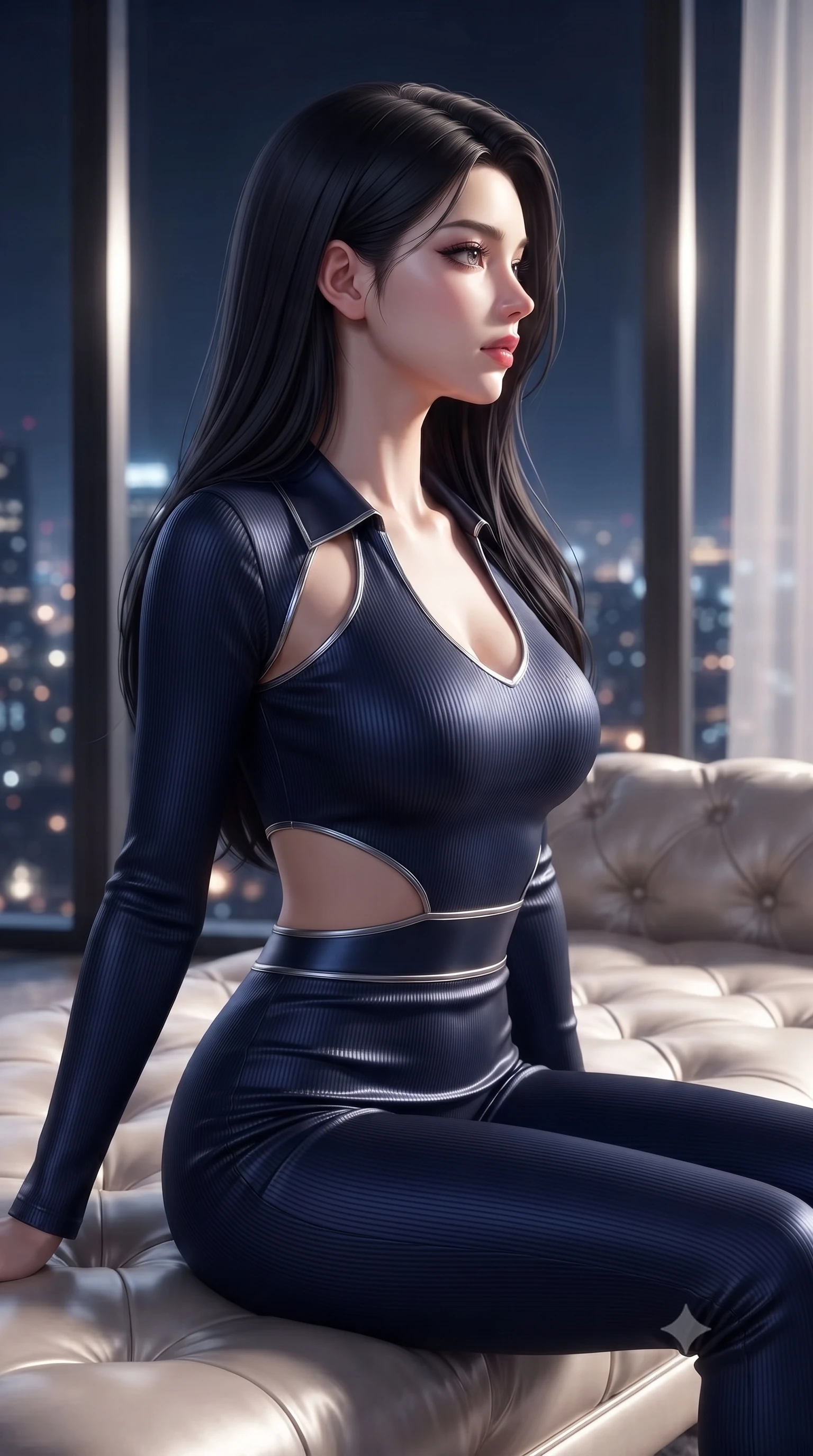 score_9, masterpiece, best quality, ultra-detailed, high-budget anime keyframe, editorial fashion photography, tasteful artistic composition, Korean woman. close-up cowboy shot from the waist and thighs up, the character dominates the composition, filling the frame with her large presence, background elements kept in soft focus. Turning her face in sharp dramatic profile against the bright light, showcasing her sharp v-shaped jawline sitting on a plush silk daybed in a high-rise luxury penthouse overlooking city lights, glistening city skyline lights twinkling softly through the massive window. She has an exceptionally elegant, slender, and willowy female figure with an ultra-slim waist, a gracefully sculpted slender torso, and a refined silhouette. sharp v-shaped jawline, high-bridge nose, intricate jewel-like eyes with depth, thick eyelashes, glossy lips with a natural sheen. wearing a form-fitting ribbed activewear set with collar cutouts in midnight navy blue and chrome trim, crafted from lustrous satin jersey with fluid draping, featuring clean architectural cutouts along her slender torso, the elegant draped fit framing her graceful clavicle and slender torso. surrounded by a cozy, intimate glow with smooth high-contrast shading. ultra-reflective glossy finish, specular highlights, metallic sheen, high-contrast stereoscopic depth, volumetric dynamic lighting, 2k, ultra detail, master piece, 9:16 ratio