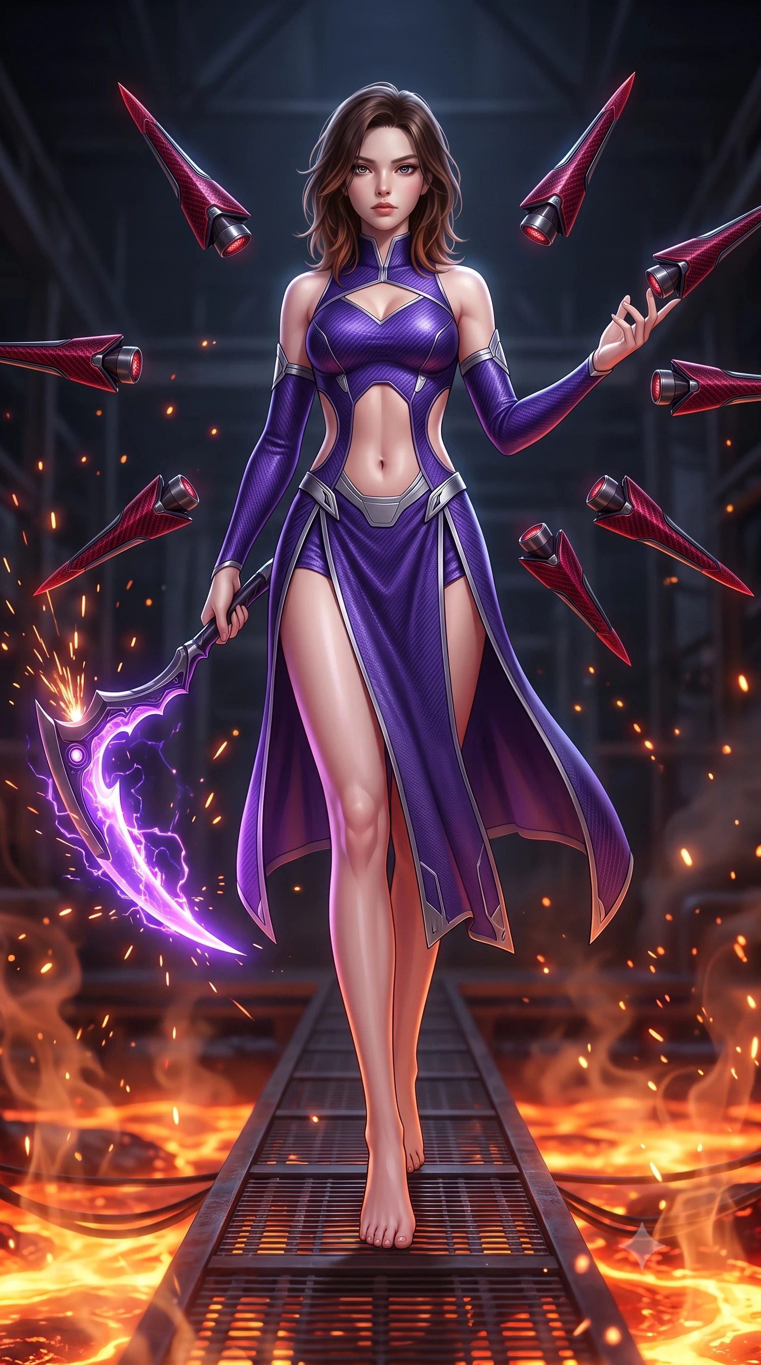 score_9, masterpiece, best quality, ultra-detailed, high-budget anime keyframe, semi-realistic 3D game render, editorial fashion photography, tasteful artistic composition, Korean woman. low angle full-body shot from head to toe showing her feet, filling the entire 9:16 vertical frame with her statuesque presence, stretching her vertical silhouette. performing an alluring mid-air combat landing with flawless poise, looking directly into the camera with regal, deadly intensity while standing poised on a suspended iron gantry above rivers of glowing geothermal magma while wielding a curved plasma scythe. The composition keeps background elements in soft focus with creamy bokeh. blazing plasma sparks and heat haze scattering glowing light motes across a dark industrial backdrop. She has an absolutely perfect, statuesque 8.5-heads proportion, an exceptionally tall and slender model-like female figure with impossibly long slender legs, a toned flat midriff, and an ultra-slim waist. sharp v-shaped jawline, high-bridge nose, intricate jewel-like eyes with depth, thick eyelashes, glossy lips with a natural sheen, flawlessly proportioned anatomical accuracy, strict slender model proportions, natural body alignment, perfectly sculpted long slender limbs, ultra-slim waistline, clean dynamic posture without body distortion. wearing a precision-fitted royal purple carbon-fiber battle-dress with high-slit tactical skirt and silver accents, directing eight floating nano-crystal funnel blades with sovereign gestures in deep crimson carbon weave with specular dark chrome accents, tailored from flexible second-skin carbon-mesh that clings flawlessly to her athletic curves, finished with high-mobility articulation joints and miniature magnetic armor locks, the precision-cut daring openings accentuating her delicate midriff, graceful bare collarbones, and ultra-slim feminine waistline. illuminated by crisp specular highlights tracing her ultra-slim waist, long legs, and flat midriff. rich saturated anime colors with glowing neon highlights, detailed shading with soft gradients, rich glossy textures, high-contrast stereoscopic depth, volumetric dynamic lighting, master piece, 9:16 ratio