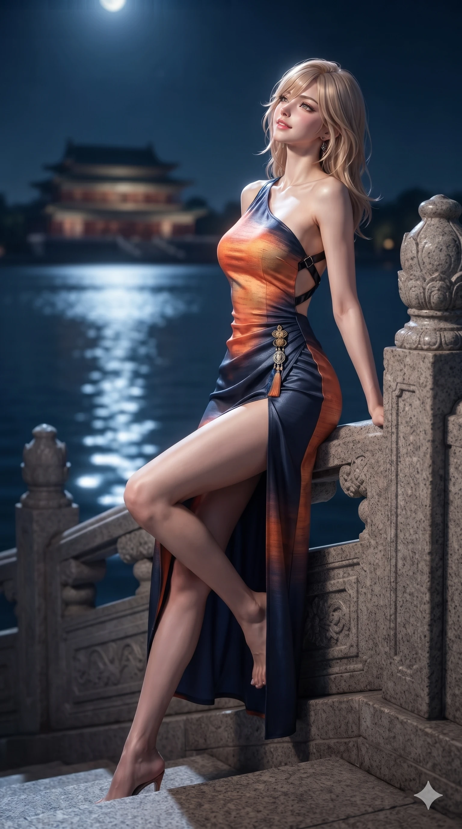 score_9, masterpiece, best quality, ultra-detailed, high-budget anime keyframe, editorial fashion photography, tasteful artistic composition, Japanese woman. low angle full-body shot from head to toe showing her feet, filling the entire 9:16 vertical frame with her statuesque presence, stretching her vertical silhouette. sitting poised on the stone steps with one knee bent, arching her spine with supermodel elegance as she glances upward through thick eyelashes while leaning back against the carved granite balustrade with hips cocked back, casting an intoxicating, sultry bedroom-gaze over a bare shoulder. The background shows a soft-focus monumental royal banquet pavilion softened in panoramic lake shallow focus. She has an absolutely perfect, statuesque 8.5-heads proportion, an exceptionally tall and slender model-like female figure with impossibly long slender legs, an ultra-slim waist, a flat toned midriff, narrow delicate ribcage, and beautifully sculpted feminine hips creating a graceful, slim hourglass silhouette without any bulky heaviness. sharp v-shaped jawline, high-bridge nose, sparkling eyes with hypnotic seductive depth, thick curled eyelashes, glossy parted lips with a natural dewy peach sheen, alluring bedroom-eyes with an enchanting coquettish smile, exuding magnetic siren charisma and sophisticated glamour, flawlessly proportioned anatomical accuracy, strict slender model proportions, natural body alignment, perfectly sculpted long slender limbs, ultra-slim waistline, clean dynamic posture without body distortion. wearing an asymmetric one-shoulder liquid mercury silk dress with a dramatic hip-high wrap slit and norigae waist charm in sunset tangerine orange and deep navy indigo, woven from bespoke Korean ramie fabric with crisp tactile slub texture, featuring an open-back criss-cross harness strap in patent black leather, the liquid-tight tailored fabric clinging flawlessly to her narrow waist and rounded feminine hips, emphasizing every millimeter of her sculpted slim hourglass curves without any bulky heaviness. bathed in brilliant 4000K moonbeams sweeping across open palace waters. ultra-reflective glossy finish, specular highlights, rich textural contrasts, high-contrast stereoscopic depth, volumetric dynamic lighting, 2k, ultra detail, master piece, 9:16 ratio