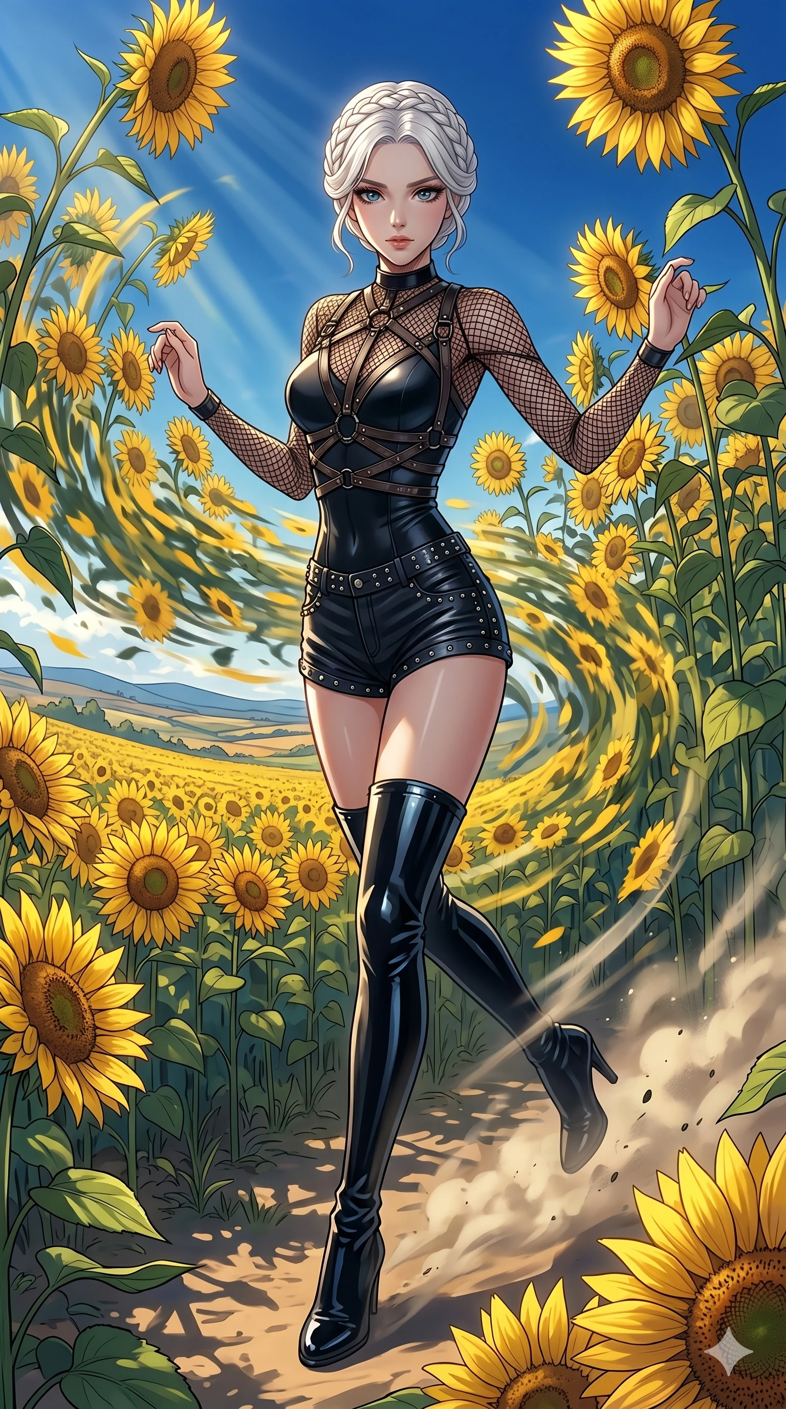 score_9, masterpiece, best quality, ultra-detailed, high-budget anime movie keyframe, cinematic anime lighting, intricate line art, Japanese woman. Dynamic full-body shot stretching the vertical silhouette with extreme perspective. spinning in a field of sunflowers that all sway in time with her. She has an absolutely perfect 8-heads proportion, an exceptionally tall and slender female figure with graceful and slender proportions. strictly human anatomy, two legs only, no extra limbs, clearly defined legs and arms, perfect anatomy, perfect hands and fingers. sharp v-shaped jawline, high-bridge nose, intricate jewel-like eyes, thick eyelashes, glossy lips. Wearing Dynamic performance outfit: Leather harness over mesh, sleek bodysuit, studded stylish shorts, and thigh-high patent boots. The scene is illuminated by dramatic atmospheric lighting and vibrant color palettes. , 2k, ultra detail, master piece, 9:16 ratio