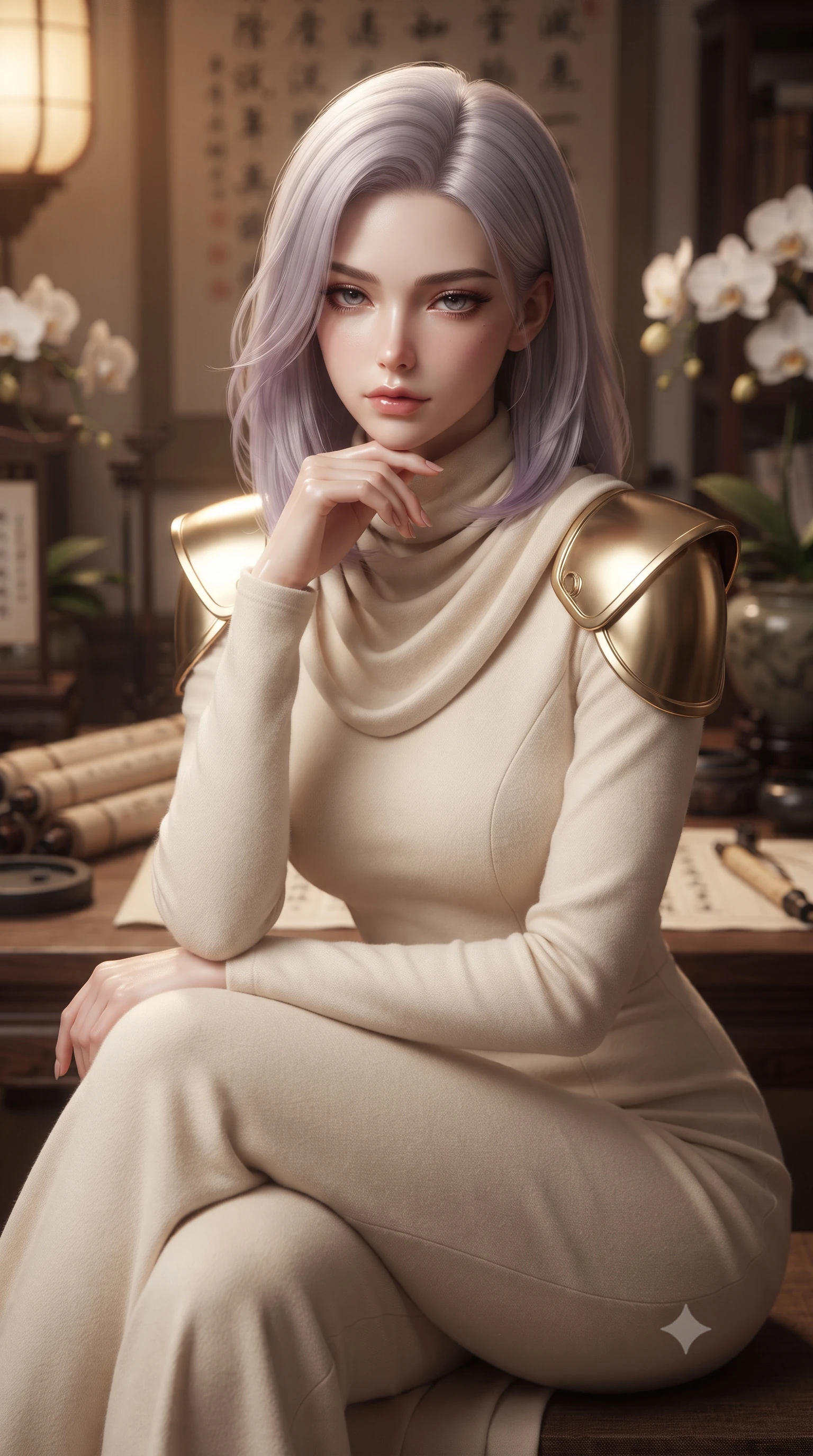score_9, masterpiece, best quality, ultra-detailed, high-budget anime keyframe, editorial fashion photography, tasteful artistic composition, Caucasian woman. close-up cowboy shot from the waist and thighs up, the character dominates the composition, filling the frame with her large presence, background elements kept in soft focus. resting her chin on the backs of her fingers, casting a heavy-lidded, sultry look past the camera the background shows a soft-focus a traditional study room with wooden scrolls, ink stones, and orchid plants. She has an exceptionally elegant, slender, and willowy female figure with an ultra-slim waist, a gracefully sculpted slender torso, and a refined silhouette. sharp v-shaped jawline, high-bridge nose, intricate jewel-like eyes with depth, thick eyelashes, glossy lips with a natural sheen. wearing a form-contouring elegant galactic senate gown in cream cashmere, featuring structured metallic gold shoulder guards and a high-neck drape. soft warm paper lamp glow creating a quiet and meditative atmosphere. ultra-reflective glossy finish, specular highlights, metallic sheen, high-contrast stereoscopic depth, volumetric dynamic lighting, 2k, ultra detail, master piece, 9:16 ratio