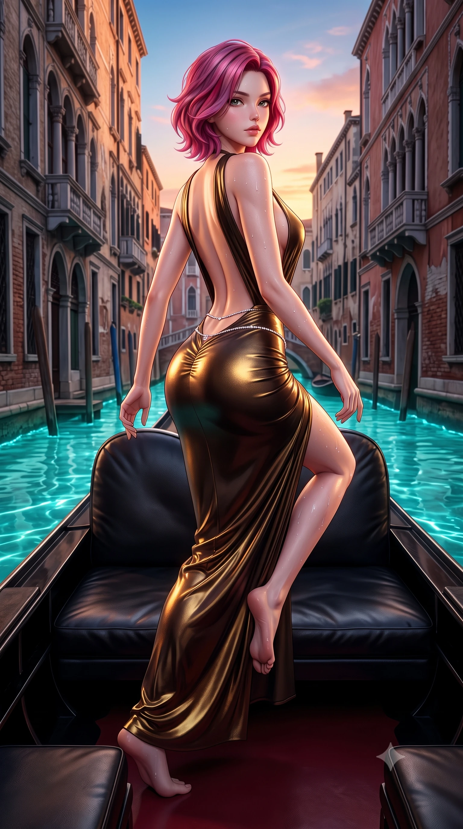 score_9, masterpiece, best quality, ultra-detailed, high-budget anime keyframe, semi-realistic 3D game render, editorial fashion photography, tasteful artistic composition, Caucasian woman. low angle full-body shot from head to toe showing her feet, filling the entire 9:16 vertical frame with her statuesque presence, stretching her vertical silhouette. striding forward in a proud supermodel runway stride, hips swaying in an alluring kinetic rhythm that accentuates her curvy hourglass silhouette while reclining across a black leather gondola lounge with one knee drawn up, glowing turquoise canal waters tracing the sensual contour of her feminine hips and flat midriff. The surrounding environment is rendered in vivid detail and crisp panoramic clarity. detailed silk and vinyl dress movement, water droplet beads on skin, and Venice biome architecture in high resolution. She has an exceptionally tall and slender model-like 8.5-heads proportion, an ultra-slim waist, a flat toned midriff, narrow delicate ribcage, and beautifully sculpted feminine hips creating a graceful, slim hourglass silhouette without any bulky heaviness, with impossibly long slender legs. sharp v-shaped jawline, high-bridge nose, intricate jewel-like eyes with depth, thick eyelashes, glossy parted lips with a natural sheen, intensely captivating and seductive bedroom-eyes expression, flawlessly proportioned anatomical accuracy, strict slender model proportions, natural body alignment, perfectly sculpted long slender limbs, ultra-slim waistline, clean dynamic posture without body distortion. wearing a liquid-silk jersey evening gown with an ultra-deep plunging open back descending to the base of her spine and a sculpted hip-hugging skirt in dark espresso brown and molten gold foil, tailored from water-resistant treated wool gabardine and flexible stretch silk, accented with a dainty diamond waist chain catching the ambient light reflections, the liquid-tight tailored fabric clinging flawlessly to her narrow waist and rounded feminine hips, emphasizing every millimeter of her sculpted slim hourglass curves without any bulky heaviness. illuminated by shimmering water surface specular reflections accentuating her sculpted midriff, narrow waist, and curvy hips. highly saturated vibrant anime colors, detailed shading with soft gradients, rich glossy textures, high-contrast stereoscopic depth, volumetric dynamic lighting, master piece, 9:16 ratio