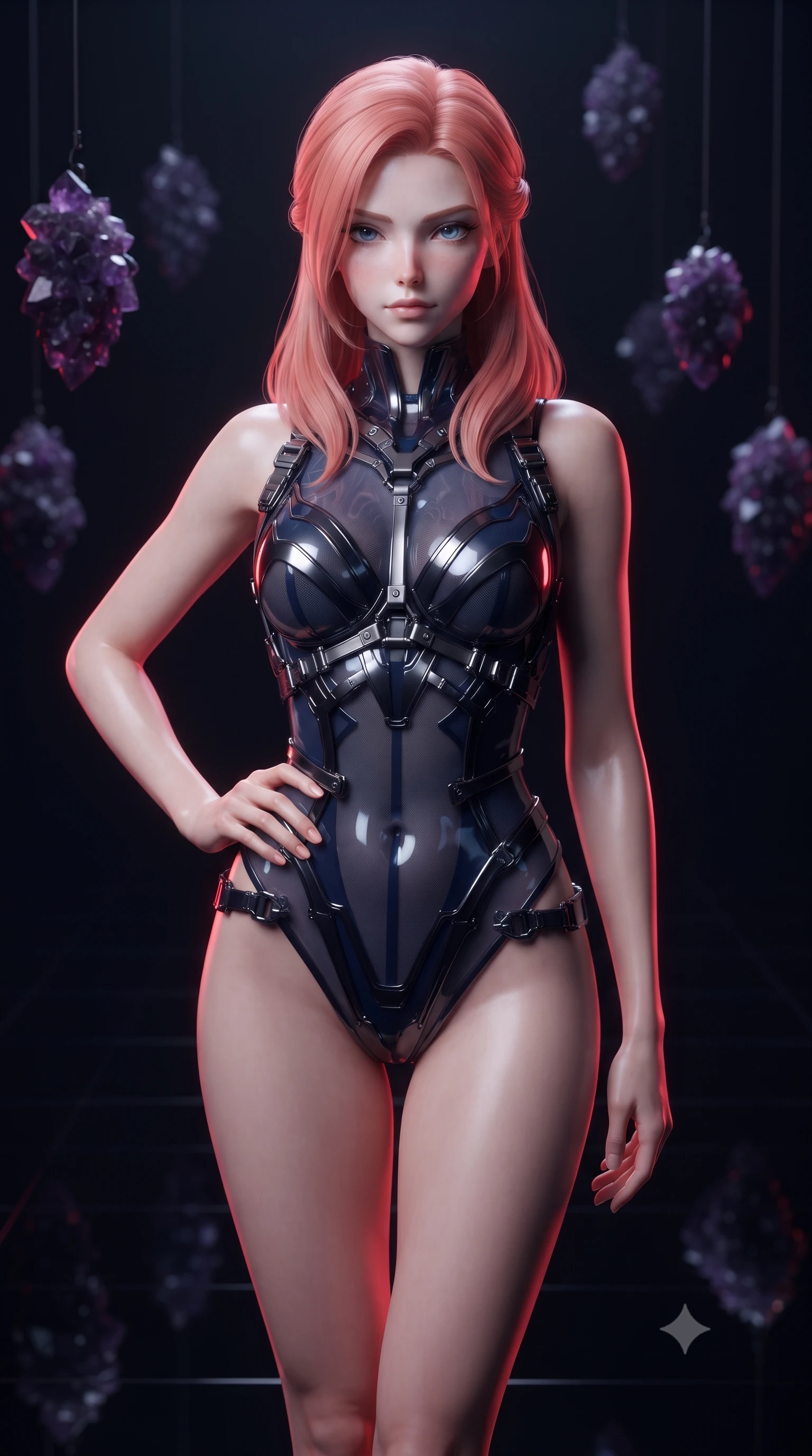 score_9, masterpiece, best quality, ultra-detailed, high-budget anime keyframe, editorial fashion photography, tasteful artistic composition, Japanese woman. close-up cowboy shot from the waist and thighs up, the character dominates the composition, filling the frame with her large presence, background elements kept in soft focus. Holding a confident power pose with one hand on her hip, poised on a polished black mirror floor surrounded by suspended dark amethyst clusters, dramatic obsidian reflections dancing across the dark glossy floor. She has an exceptionally elegant, slender, and willowy female figure with an ultra-slim waist, a gracefully sculpted slender torso, and a refined silhouette. sharp v-shaped jawline, high-bridge nose, intricate jewel-like eyes with depth, thick eyelashes, glossy lips with a natural sheen. wearing translucent liquid acrylic splash bodysuit with semi-opaque dark mesh in midnight navy blue, made of sculpted obsidian metallic chrome, highlighted by a gunmetal metallic harness structure, accentuating her gracefully sculpted slender torso. surrounded by moody midnight shadows with sharp crimson rim light tracing her silhouette. ultra-reflective glossy finish, specular highlights, metallic sheen, high-contrast stereoscopic depth, volumetric dynamic lighting, 2k, ultra detail, master piece, 9:16 ratio
