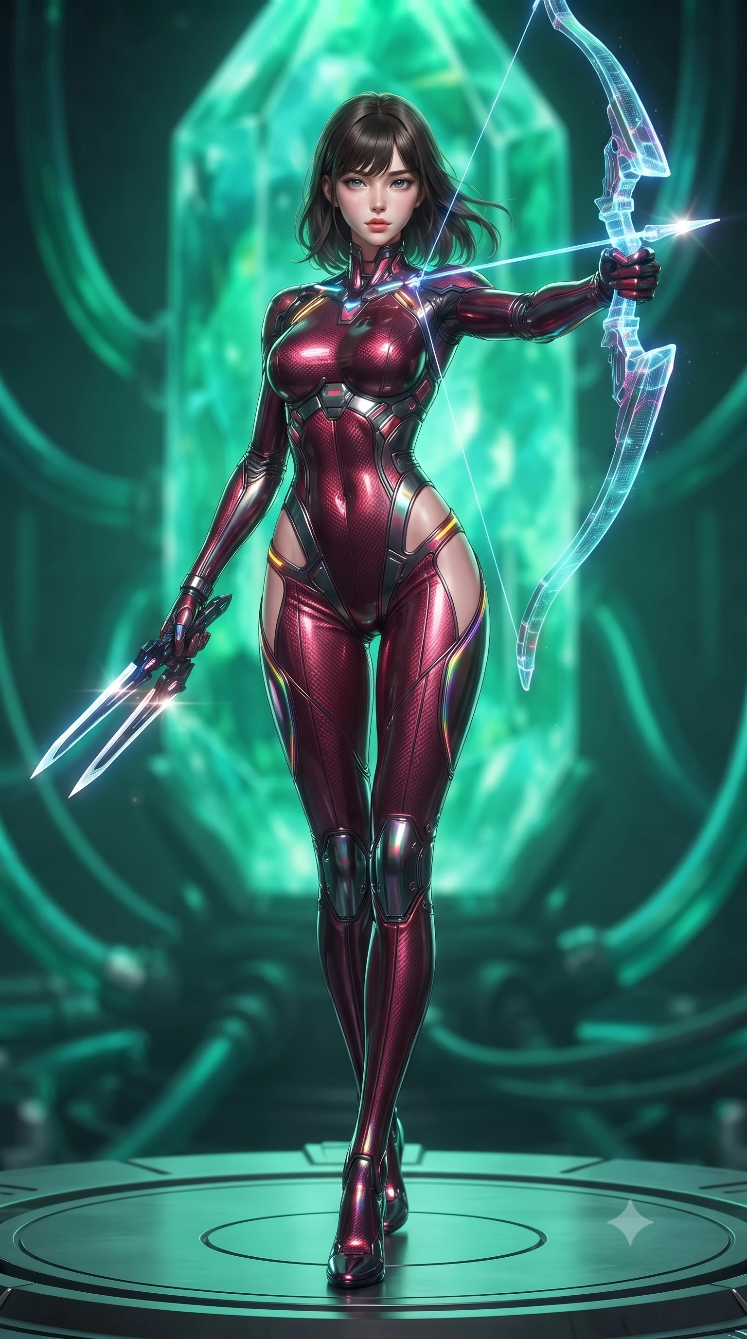 score_9, masterpiece, best quality, ultra-detailed, high-budget anime keyframe, editorial fashion photography, tasteful artistic composition, Korean woman. low angle full-body shot from head to toe showing her feet, filling the entire 9:16 vertical frame with her statuesque presence, stretching her vertical silhouette. striding forward with commanding supermodel grace, weapon held at the ready, her 8.5-heads statuesque silhouette dominating the vertical frame from head to toe while standing poised on a circular platform before a colossal glowing emerald crystal reactor while drawing a holographic energy bow. The composition keeps background elements in soft focus with creamy bokeh. massive glowing emerald reactor crystals and pulsing coolant tubes blurred into rich green and turquoise bokeh. She has an absolutely perfect, statuesque 8.5-heads proportion, an exceptionally tall and slender model-like female figure with impossibly long slender legs, a toned flat midriff, and an ultra-slim waist. sharp v-shaped jawline, high-bridge nose, intricate jewel-like eyes with depth, thick eyelashes, glossy lips with a natural sheen, flawlessly proportioned anatomical accuracy, strict slender model proportions, natural body alignment, perfectly sculpted long slender limbs, ultra-slim waistline, clean dynamic posture without body distortion. wearing a skin-tight crimson carbon-weave combat leotard with metallic dark chrome plating and hip-accentuating cutouts, holding twin glowing high-frequency vibro-blades with effortless supermodel poise in high-gloss iridescent rainbow carbon with prism holographic sheen, formed from high-gloss patent carbon-plating with specular chiaroscuro reflections, accented with glowing fiber-optic conduits tracing her collarbones and hip curves, the precision-cut daring openings accentuating her delicate midriff, graceful bare collarbones, and ultra-slim feminine waistline. illuminated by crisp white key lighting with sharp specular highlights tracing her slender curves. ultra-reflective glossy finish, specular highlights, dark metallic sheen, high-contrast stereoscopic depth, volumetric dynamic lighting, 2k, ultra detail, master piece, 9:16 ratio