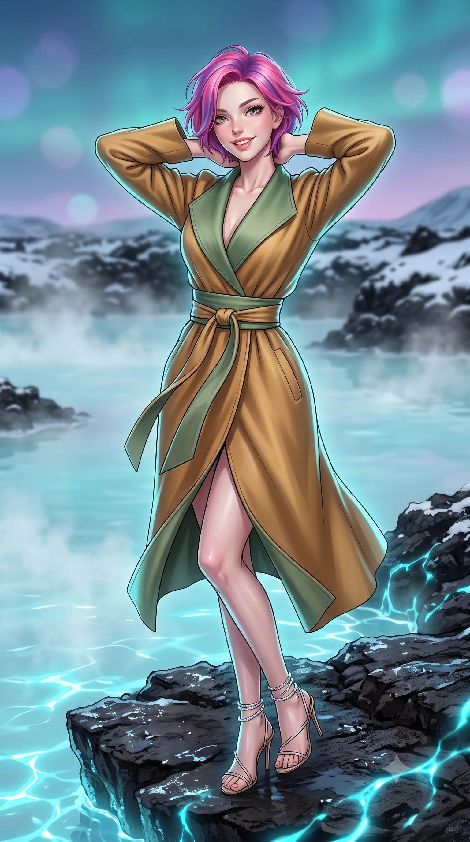 score_9, masterpiece, best quality, ultra-detailed, high-budget anime keyframe, editorial fashion photography, tasteful artistic composition, Caucasian woman. close-up cowboy shot from the waist and thighs up, the character dominates the composition, filling the frame with her large presence. resting both hands lightly behind her neck with elbows raised, arching her spine to highlight her narrow waist, flat midriff, and breathtaking collarbones while twisting her slender torso in an alluring contrapposto stance on the lava rock ledge, glowing cyan water caustics wrapping around her flat midriff and hips. The background shows a soft-focus steaming milky-cyan geothermal lagoon waters, snow-dusted black lava fields, and midnight twilight skies blurred into turquoise, obsidian, and pastel lilac bokeh. She has an exceptionally elegant, slender, and willowy female figure with an ultra-slim waist, flat toned midriff, narrow ribcage, and sculpted feminine hips creating an alluring, slim hourglass silhouette without bulk. sharp v-shaped jawline, high-bridge nose, intricate jewel-like sparkling eyes with depth, thick eyelashes, glossy parted lips with a natural peach sheen, bright cheerful beaming smile with an enchanting and coquettish sensual glint, exuding both youthful cute charm and seductive allure, flawlessly proportioned anatomical accuracy, strict slender model proportions, natural body alignment, perfectly sculpted long slender limbs, ultra-slim waistline, clean dynamic posture without body distortion. wearing a bespoke Japanese minimalist silk kimono-collar structured trench coat with obi sash belt in Japanese hinoki cedar honey and Kyoto matcha jade, crafted from bespoke double-faced cashmere with an exceptionally soft tactile finish, complemented by strappy stiletto sandals with crystal ankle wraps accentuating her slender calves, the impeccably tailored cut draping gracefully along her slender figure with aristocratic poise. illuminated by milky water surface specular bounce and sharp platinum-cyan rim lights sculpting her jawline, narrow waist, and curvy hips. ultra-reflective glossy finish, specular highlights, rich textural contrasts, high-contrast stereoscopic depth, volumetric dynamic lighting, 2k, ultra detail, master piece, 9:16 ratio