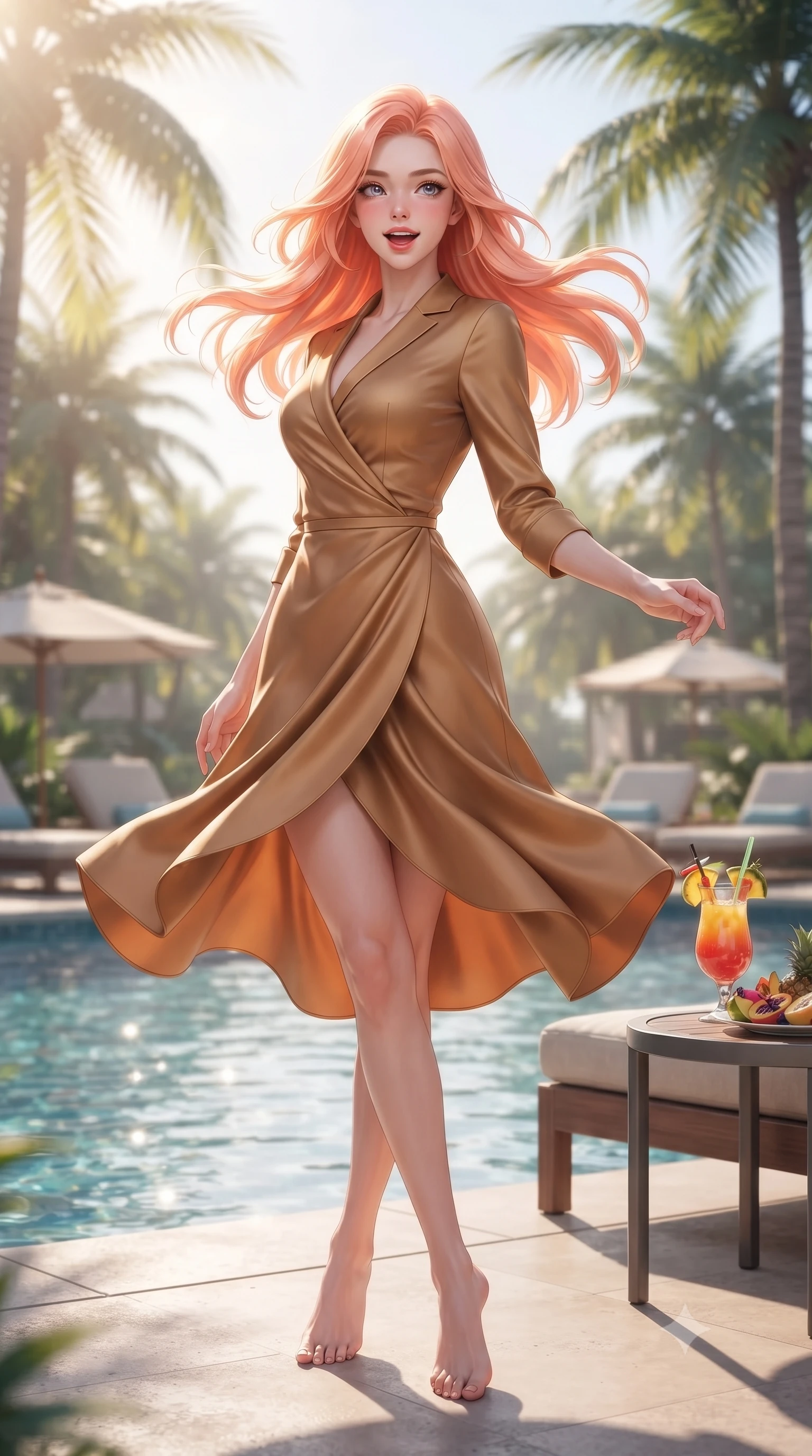 score_9, masterpiece, best quality, ultra-detailed, high-budget anime keyframe, editorial fashion photography, tasteful artistic composition, Japanese woman. low angle full-body shot from head to toe showing her feet, filling the entire 9:16 vertical frame with her statuesque presence, stretching her vertical silhouette. twirling around with a playful, cute laugh, her skirt billowing beautifully in the air set against a soft-focus background of next to a sparkling resort swimming pool with comfortable sun loungers and palms with a colorful tropical juice drink and fresh fruit slices on a side table. She has an absolutely perfect, statuesque 8.5-heads proportion, an exceptionally tall and slender model-like female figure with impossibly long slender legs and an ultra-slim waist. sharp v-shaped jawline, high-bridge nose, intricate jewel-like eyes with depth, thick eyelashes, glossy lips with a natural sheen. wearing tailored form-contouring silk wrap dress in camel, outlining her slender waist. soft afternoon sunbeams filtering through the palm leaves, casting gentle shadows. ultra-reflective glossy finish, specular highlights, metallic sheen, high-contrast stereoscopic depth, volumetric dynamic lighting, 2k, ultra detail, master piece, 9:16 ratio
