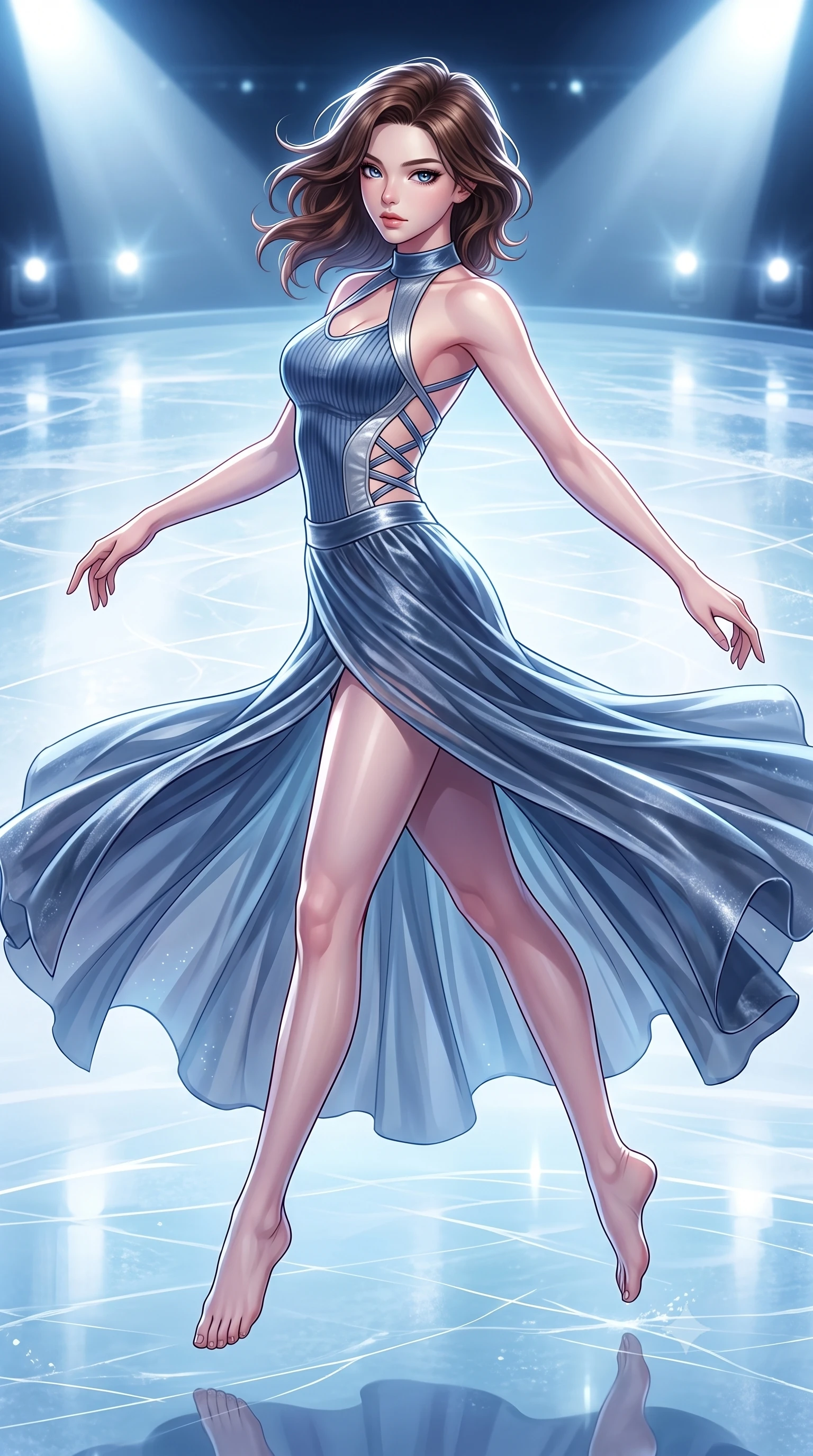 score_9, masterpiece, best quality, ultra-detailed, high-budget anime keyframe, editorial fashion photography, tasteful artistic composition, Korean woman. low angle full-body shot from head to toe showing her feet, filling the entire 9:16 vertical frame with her statuesque presence, stretching her vertical silhouette. leaping gracefully through mid-air with statuesque elegance, her impossibly long slender legs stretched in perfect balance while pivoting in a mid-stride turn while her velvet gown swirls over a glacial mirror floor, dramatic opera spotlights casting sharp dynamic shadows across the frozen stage. She has an absolutely perfect, statuesque 8.5-heads proportion, an exceptionally tall and slender model-like female figure with impossibly long slender legs and an ultra-slim waist. sharp v-shaped jawline, high-bridge nose, intricate jewel-like eyes with depth, thick eyelashes, glossy lips with a natural sheen, flawlessly proportioned anatomical accuracy, natural body alignment, perfectly sculpted elegant limbs, clean dynamic posture without body distortion. wearing a form-fitting ribbed activewear set with elegant collar cutouts in slate blue and metallic silver, made of premium stretch velvet with a rich sheen, complemented by criss-cross back straps highlighting her bare shoulders, the glove-like fit emphasizing her statuesque silhouette during motion. illuminated by dramatic opera key lights with ultra-bright specular highlights. highly saturated vibrant anime colors, detailed shading with soft gradients, rich glossy textures, high-contrast stereoscopic depth, volumetric dynamic lighting, master piece, 9:16 ratio