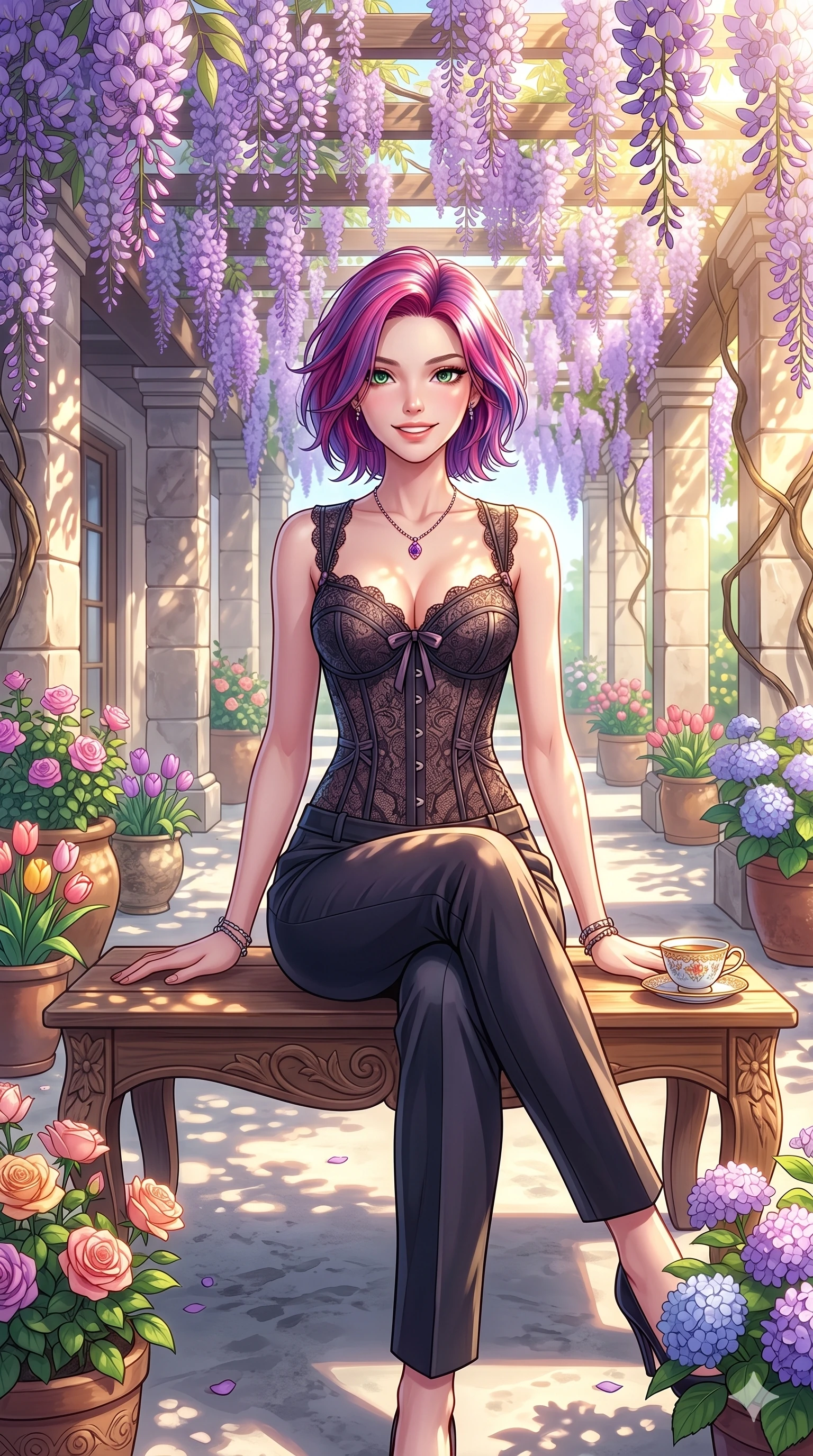 score_9, masterpiece, best quality, ultra-detailed, high-budget anime keyframe, vibrant anime aesthetic, Caucasian woman, strictly human ears. cowboy shot from the thighs up, character and outfit filling the frame for maximum presence. She is sitting on a wooden bench, smiling cheerfully while enjoying the spring sun inside a luxury boutique resort patio with wisteria (Code-P20-162). She has an absolutely perfect 8-heads proportion, an exceptionally tall and slender female figure with impossibly long slender legs and an ultra-slim waist. V-shaped jawline, high-bridge nose, intricate jewel-like eyes with depth, thick eyelashes, glossy lips with a natural sheen. wearing a structured lace corset with sweetheart neckline showing cleavage. She is drenched in bright, golden afternoon sunshine that illuminates the spring flowers. 2k, ultra detail, master piece, 9:16 ratio