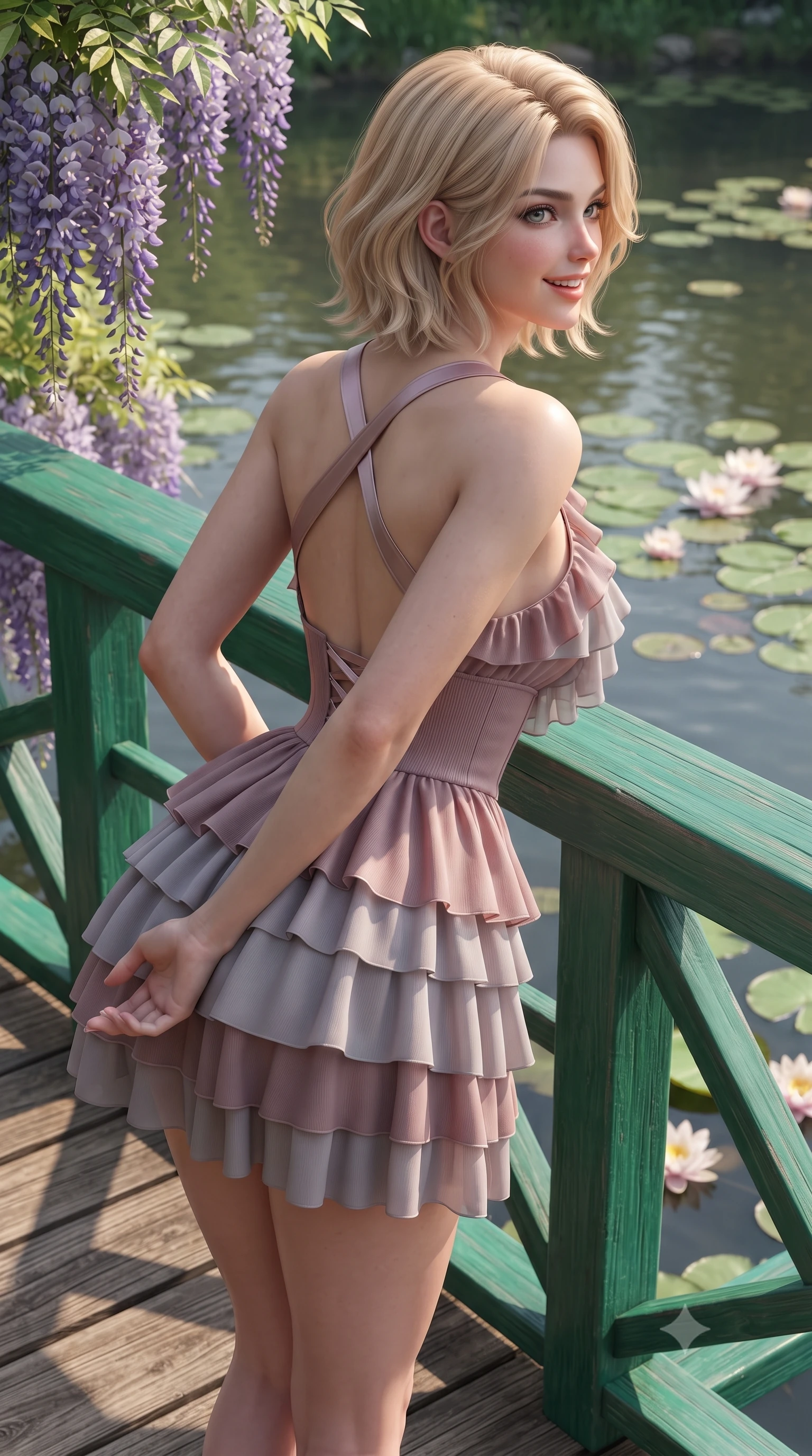 score_9, masterpiece, best quality, ultra-detailed, high-budget anime keyframe, editorial fashion photography, tasteful artistic composition, Caucasian woman. close-up cowboy shot from the waist and thighs up, the character dominates the composition, filling the frame with her large presence. resting both hands lightly behind her back while leaning toward the lens with a cheerful, teasing grin, her form-fitting outfit hugging her narrow waist and feminine hip curve while leaning against the emerald bridge railing with hips cocked back, looking over her shoulder with charming, seductive bedroom-eyes at the water lilies. The surrounding environment is rendered in vivid detail and crisp panoramic clarity. sharp carved wooden bridge plank textures, water lily pad caustics, and wisteria petal details in deep focus. She has an exceptionally elegant, slender, and willowy female figure with an ultra-slim waist, flat toned midriff, narrow ribcage, and sculpted feminine hips creating an alluring, slim hourglass silhouette without bulk. sharp v-shaped jawline, high-bridge nose, intricate jewel-like sparkling eyes with depth, thick eyelashes, glossy parted lips with a natural peach sheen, bright cheerful beaming smile with an enchanting and coquettish sensual glint, exuding both youthful cute charm and seductive allure, flawlessly proportioned anatomical accuracy, strict slender model proportions, natural body alignment, perfectly sculpted long slender limbs, ultra-slim waistline, clean dynamic posture without body distortion. wearing a tiered ruffled chiffon mini dress with a fitted corseted waist and open back in dusty rose and soft dove grey, formed from supple second-skin stretch ribbed knit clinging to her form, finished with criss-cross back satin straps highlighting her graceful shoulder blades, the liquid-tight tailored fabric clinging flawlessly to her narrow waist and rounded feminine hips, emphasizing every millimeter of her sculpted slim hourglass curves without any bulky heaviness. illuminated by calm pond surface specular reflections sharply defining her razor-sharp jawline, narrow waist, and curvy hips. ultra-reflective glossy finish, specular highlights, rich textural contrasts, high-contrast stereoscopic depth, volumetric dynamic lighting, 2k, ultra detail, master piece, 9:16 ratio