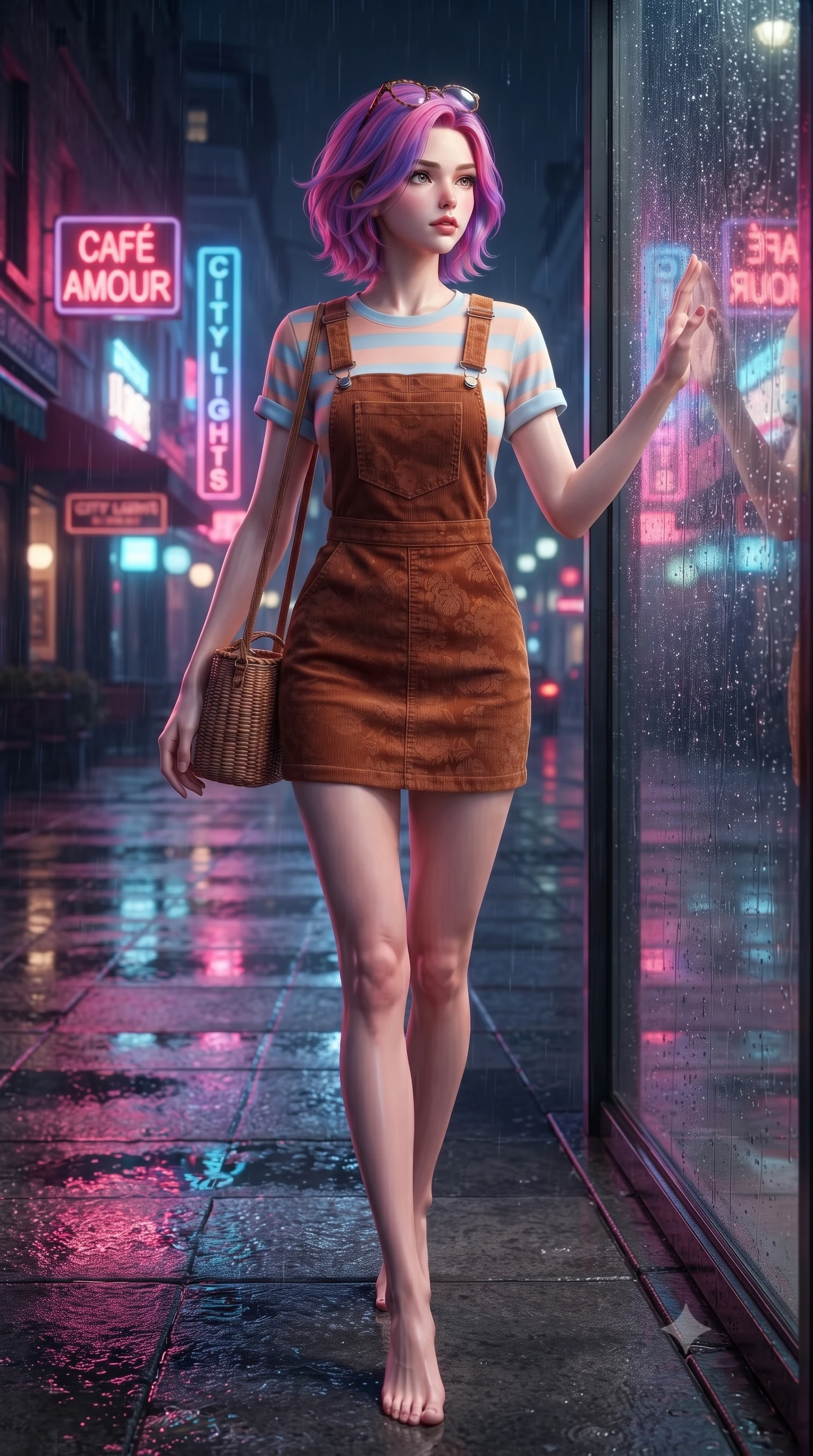 score_9, masterpiece, best quality, ultra-detailed, high-budget anime keyframe, editorial fashion photography, tasteful artistic composition, Caucasian woman. low angle full-body shot from head to toe showing her feet, filling the entire 9:16 vertical frame with her statuesque presence, stretching her vertical silhouette. striding forward in a proud, dynamic supermodel runway stride, her statuesque vertical silhouette commanding the entire frame while pressing her palm lightly against the rain-streaked glass, gazing out into the neon-lit street with wistful, romantic eyes. The surrounding environment is rendered in vivid detail and crisp panoramic clarity. detailed wet trench coat fabric, sidewalk puddle caustics, and neon reflection clarity in high resolution. She has an absolutely perfect, statuesque 8.5-heads proportion, an exceptionally tall and slender model-like female figure with impossibly long slender legs, a toned flat midriff, and an ultra-slim waist. sharp v-shaped jawline, high-bridge nose, intricate jewel-like eyes with depth, thick eyelashes, glossy lips with a natural sheen, captivating and magnetic expression, flawlessly proportioned anatomical accuracy, strict slender model proportions, natural body alignment, perfectly sculpted long slender limbs, ultra-slim waistline, clean dynamic posture without body distortion. wearing a vintage corduroy dungaree dress layered over a pastel striped baby-tee with rolled cuffs in soft peach and French sky blue, crafted from liquid-smooth silk satin with subtle floral jacquard, accessorized with a rustic woven wicker basket bag and round tortoiseshell glasses, the form-contouring material adhering flawlessly to her sculpted flat midriff and slender torso, emphasizing her long leg lines and perfectly proportioned willowy build. illuminated by soft glowing highlights defining her delicate features, glossy lips, and slender torso. ultra-reflective glossy finish, specular highlights, rich textural contrasts, high-contrast stereoscopic depth, volumetric dynamic lighting, 2k, ultra detail, master piece, 9:16 ratio