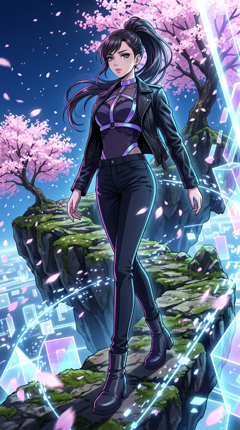 score_9, masterpiece, best quality, ultra-detailed, High-budget Anime Keyframe, vibrant colors, fluid line-art, expressive lighting, cinematic composition, Ufotable-style visual effects, top-tier animation quality, Japanese woman with delicate and elegant anime-inspired features. Dynamic full-body shot stretching the vertical silhouette, capturing her from a powerful low-angle perspective. Navigating a surreal sea of floating geometric shapes and crystalline structures within a digital void, the environment reacting to her presence. She has an absolutely perfect 8-heads proportion, an exceptionally tall and slender female figure with impossibly long slender legs and an ultra-slim waist, her statuesque height and towering silhouette dominating the vertical 9:16 frame. Her face is a masterpiece featuring a sharp v-shaped jawline, high-bridge nose, intricate jewel-like eyes with depth, thick eyelashes, and glossy lips with a natural sheen. She is wearing a Unzipped deeply leather jacket over a delicate sheer lace bra and a high-waisted harness crafted from Iridescent vinyl with a futuristic sheen that shifts between violet and cyan, featuring a deep plunging neckline and delicate lace-up side details. The scene is set in an ancient floating island with pink cherry blossoms falling like snow against a blue sky, illuminated by harsh neon light and deep shadows creating a high-contrast noir aesthetic. 2k, ultra detail, master piece, 9:16 ratio