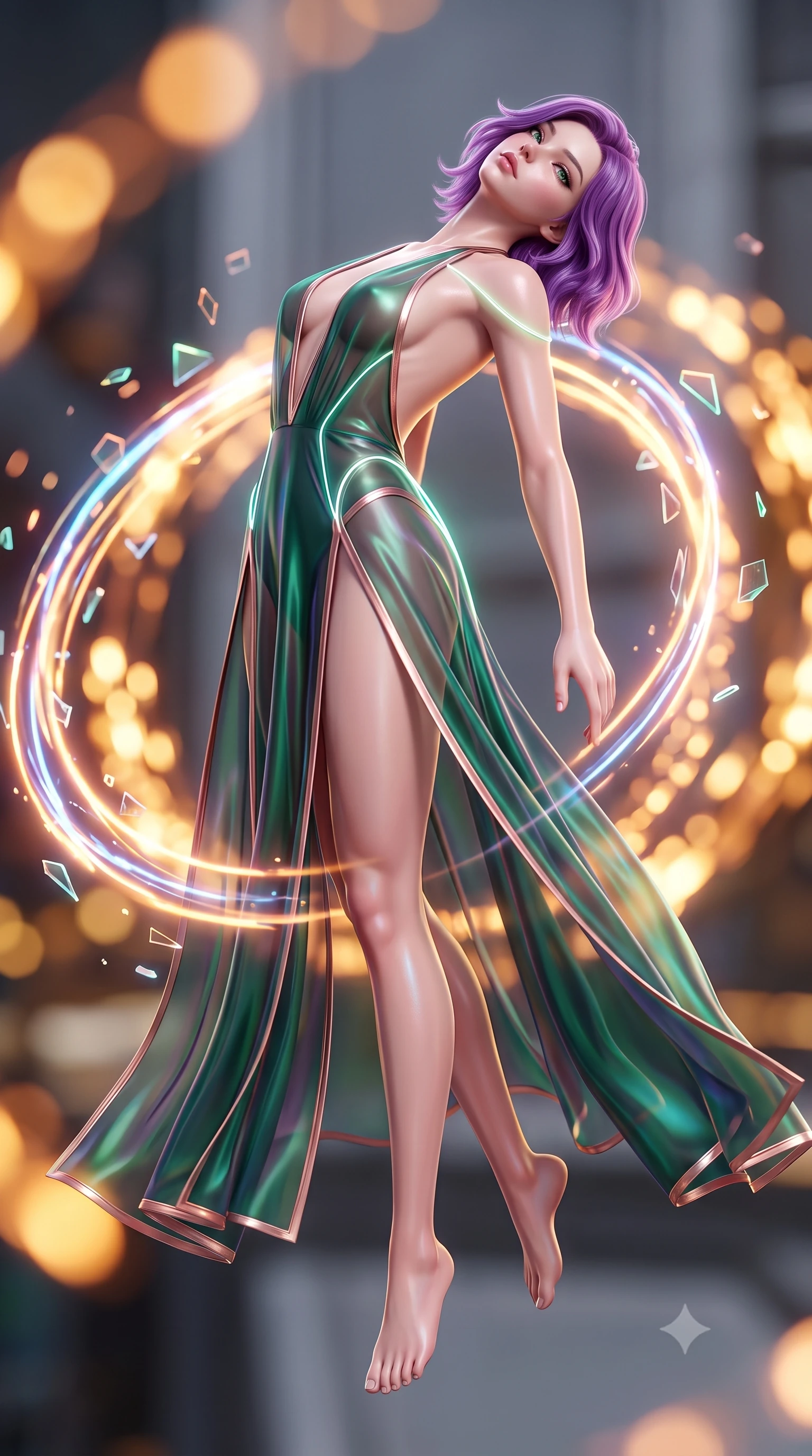 score_9, masterpiece, best quality, ultra-detailed, high-budget anime keyframe, semi-realistic 3D game render, editorial fashion photography, tasteful artistic composition, Caucasian woman. low angle full-body shot from head to toe showing her feet, filling the entire 9:16 vertical frame with her statuesque presence, stretching her vertical silhouette. arching her back in a fluid zero-gravity turn with sovereign grace, her long slender legs and sculpted torso creating a sweeping line while arching her body in zero-gravity as rings of magnetic particle acceleration illuminate her silhouette. The composition keeps background elements in soft focus with creamy bokeh. pulsating plasma rings and floating geometric shards blurred into intense golden-orange bokeh. She has an absolutely perfect, statuesque 8.5-heads proportion, an exceptionally tall and slender model-like female figure with impossibly long slender legs and an ultra-slim waist. sharp v-shaped jawline, high-bridge nose, intricate jewel-like eyes with depth, thick eyelashes, glossy lips with a natural sheen, flawlessly proportioned anatomical accuracy, natural body alignment, perfectly sculpted elegant limbs, clean dynamic posture without body distortion. wearing a translucent iridescent chiffon gown with a plunging neckline, high dual thigh slits, and an open back in emerald green and metallic rose gold trim, made of smooth iridescent silk chiffon that shifts colors with movement, accented with glowing fiber-optic seams tracing her collarbones and hip curves, the form-contouring second-skin material highlighting her ultra-slim waist and long lines. surrounded by a supercharged, high-voltage, and breathtakingly bold sensual aura. highly saturated vibrant anime colors, detailed shading with soft gradients, rich glossy textures, high-contrast stereoscopic depth, volumetric dynamic lighting, master piece, 9:16 ratio