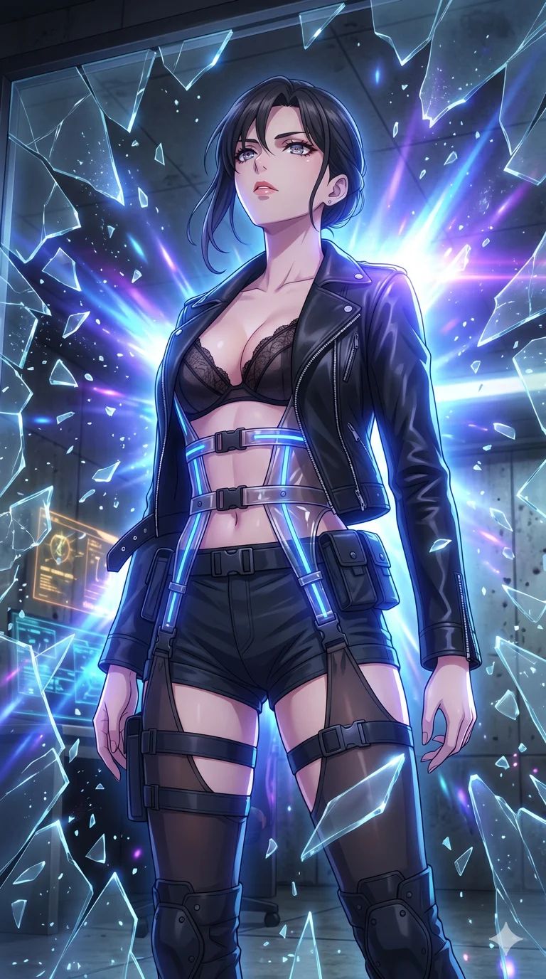 score_9, masterpiece, best quality, ultra-detailed, High-budget Anime Keyframe, vibrant colors, fluid line-art, expressive lighting, cinematic composition, Ufotable-style visual effects, top-tier animation quality, Japanese woman with delicate and elegant anime-inspired features. Low angle cowboy shot filling the entire 9:16 frame with her statuesque presence, looking up to emphasize her height. Shattering a massive wall of reinforced glass with her sheer powerful mental aura, shards of glass flying in slow motion around her. She has an absolutely perfect 8-heads proportion, an exceptionally tall and slender female figure with impossibly long slender legs and an ultra-slim waist, her statuesque height and towering silhouette dominating the vertical 9:16 frame. Her face is a masterpiece featuring a sharp v-shaped jawline, high-bridge nose, intricate jewel-like eyes with depth, thick eyelashes, and glossy lips with a natural sheen. She is wearing a Unzipped deeply leather jacket over a delicate sheer lace bra and a high-waisted harness crafted from Transparent PVC with a high-gloss finish that reveals the intricate layers beneath, with integrated neon-lit tactical gear and suggestive cutouts on the thighs. The scene is set in an underground rebel bunker with flickering holographic screens and tactical maps, illuminated by intense energy flares from her powers illuminating the scene with brilliant light. 2k, ultra detail, master piece, 9:16 ratio