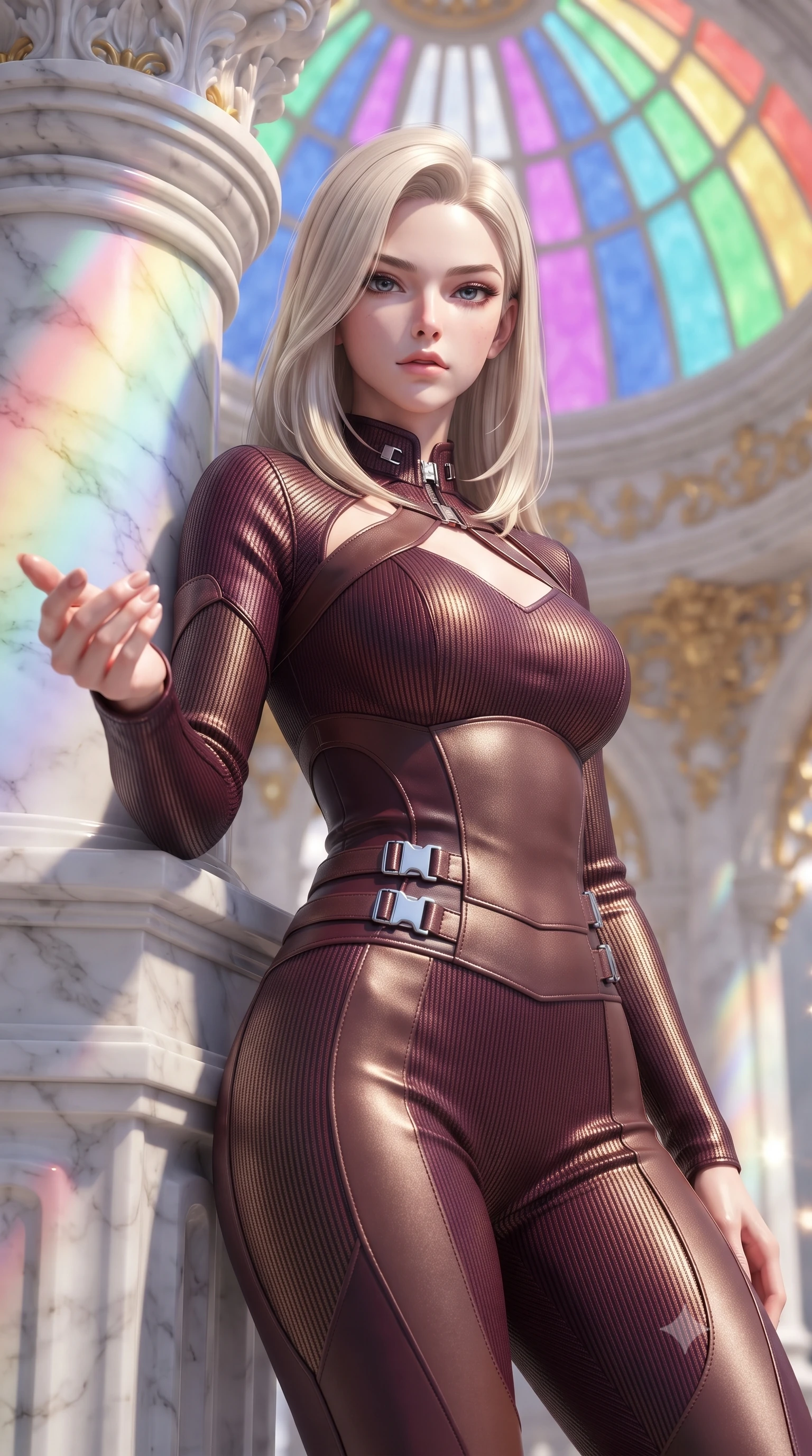score_9, masterpiece, best quality, ultra-detailed, high-budget anime keyframe, editorial fashion photography, tasteful artistic composition, Caucasian woman. close-up cowboy shot from the waist and thighs up, the character dominates the composition, filling the frame with her large presence, background elements kept in soft focus. Reaching one hand gracefully toward the viewer with effortless superiority and allure resting against a sculpted white marble pillar under a rainbow dome, golden filigree details on the architecture shining with brilliant luster. She has an exceptionally elegant, slender, and willowy female figure with an ultra-slim waist, a gracefully sculpted slender torso, and a refined silhouette. sharp v-shaped jawline, high-bridge nose, intricate jewel-like eyes with depth, thick eyelashes, glossy lips with a natural sheen. wearing a form-fitting ribbed activewear set with collar cutouts in deep burgundy and bronze, made of fine carbon-fiber weave and soft matte leather, detailed with polished silver buckles along the waistline, the elegant draped fit framing her graceful clavicle and slender torso. lit by bright sunbursts creating vivid, saturated color projections. ultra-reflective glossy finish, specular highlights, metallic sheen, high-contrast stereoscopic depth, volumetric dynamic lighting, 2k, ultra detail, master piece, 9:16 ratio
