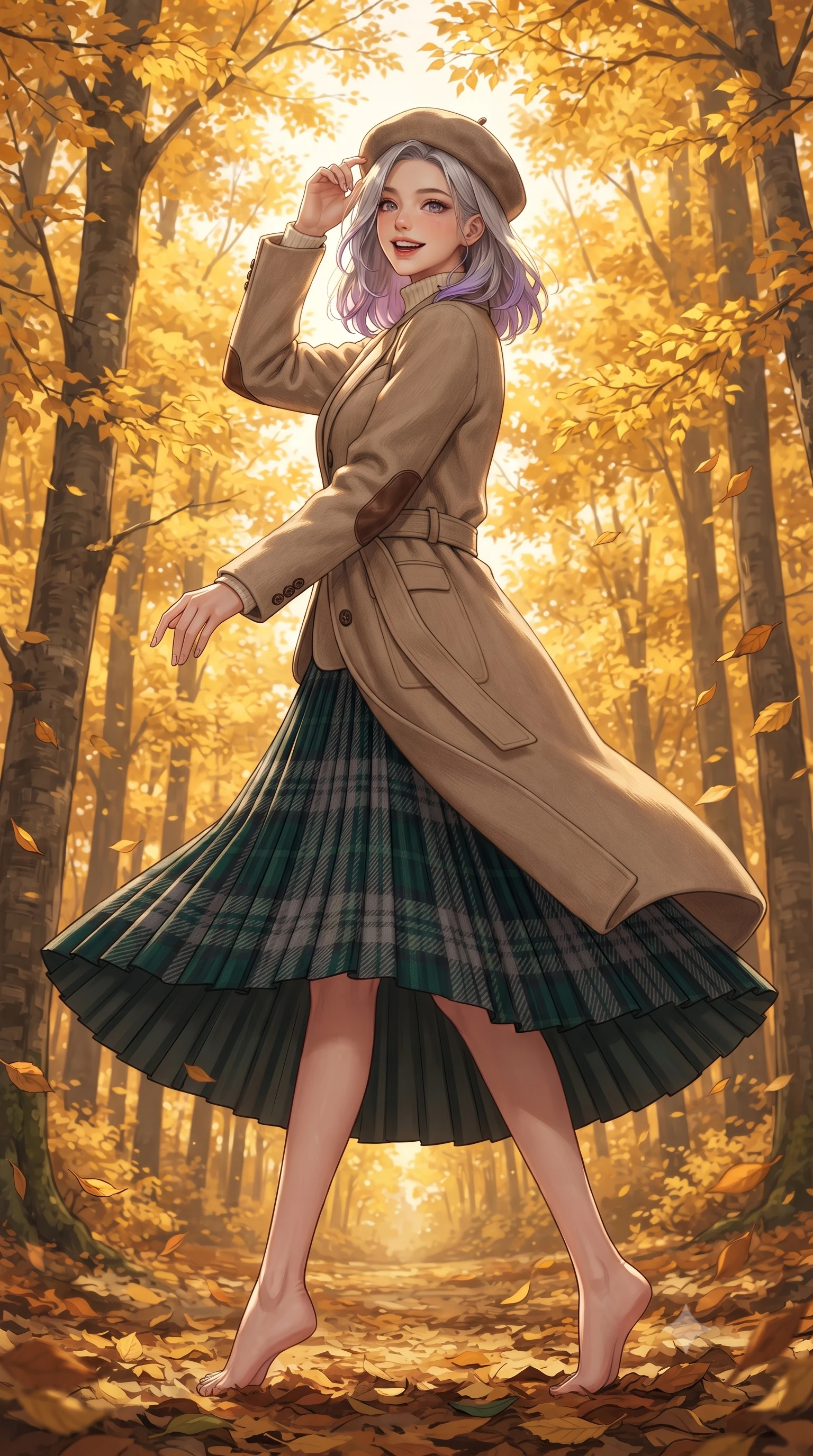 score_9, masterpiece, best quality, ultra-detailed, high-budget anime keyframe, editorial fashion photography, tasteful artistic composition, Caucasian woman. low angle full-body shot from head to toe showing her feet, filling the entire 9:16 vertical frame with her statuesque presence, stretching her vertical silhouette. executing an elegant pivot turn as the hem of her pleated wool skirt sways rhythmically, glancing back with joyful radiance while pausing beneath a monumental golden beech tree, one hand lightly holding her wool beret as an autumn breeze sweeps by. The surrounding environment is rendered in vivid detail and crisp panoramic clarity: detailed equestrian wool blazer tailoring, leather elbow patch textures, and natural royal park foliage in high resolution. She has an exceptionally tall and slender model-like 8.5-heads proportion, an ultra-slim waist, a flat toned midriff, narrow delicate ribcage, and beautifully sculpted feminine hips creating a graceful, slim hourglass silhouette without any bulky heaviness, with impossibly long slender legs. sharp v-shaped jawline, high-bridge nose, intricate jewel-like sparkling eyes with depth, thick eyelashes, glossy parted lips with a natural peach sheen, bright cheerful beaming smile with an enchanting and coquettish sensual glint, exuding both youthful cute charm and seductive allure, flawlessly proportioned anatomical accuracy, strict slender model proportions, natural body alignment, perfectly sculpted long slender limbs, ultra-slim waistline, clean dynamic posture without body distortion. wearing a luxurious longline cashmere cardigan coat with a belted waist worn over an ivory turtleneck and wool midi skirt in St. Moritz pine forest emerald and heather grey, made of crisp Egyptian cotton poplin with pristine tailored pressing, featuring delicate tonal horn buttons and meticulous hand-stitched pick-lapel borders, the streamlined silhouette following her natural slender proportions with sophisticated poise, enhancing her tall willowy presence. bathed in crisp low-angle late-afternoon autumn sunlight filtering through a shimmering golden leaf canopy. ultra-reflective glossy finish, specular highlights, rich textural contrasts, high-contrast stereoscopic depth, volumetric dynamic lighting, 2k, ultra detail, master piece, 9:16 ratio
