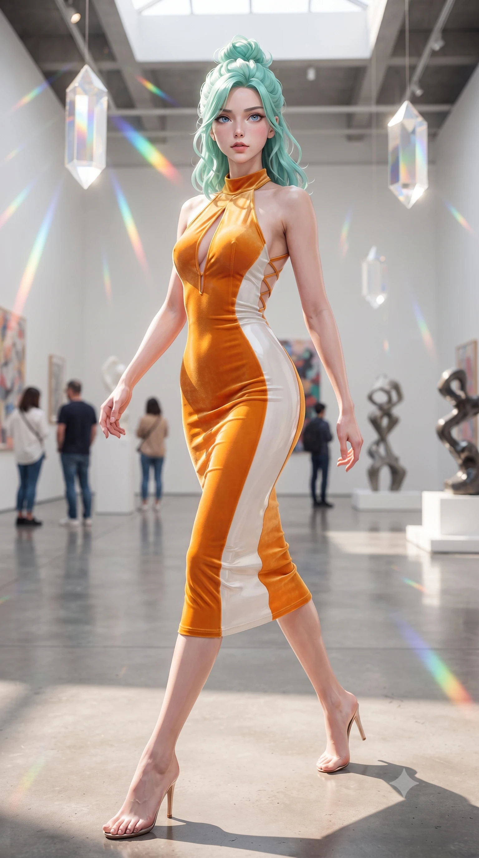 score_9, masterpiece, best quality, ultra-detailed, high-budget anime keyframe, editorial fashion photography, tasteful artistic composition, Japanese woman. low angle full-body shot from head to toe showing her feet, filling the entire 9:16 vertical frame with her statuesque presence, stretching her vertical silhouette. pivoting dynamically in mid-motion with a breathtakingly alluring posture, displaying her flawless model proportions and ultra-slim waist while striding commanding through a sun-drenched art hall where giant crystal prisms project vivid rainbow beams. The composition keeps background elements in soft focus with creamy bokeh. pristine white gallery walls and polished floor reflections softened by shallow cinematic focus. She has an absolutely perfect, statuesque 8.5-heads proportion, an exceptionally tall and slender model-like female figure with impossibly long slender legs, a toned flat midriff, and an ultra-slim waist. sharp v-shaped jawline, high-bridge nose, intricate jewel-like eyes with depth, thick eyelashes, glossy lips with a natural sheen, flawlessly proportioned anatomical accuracy, strict slender model proportions, natural body alignment, perfectly sculpted long slender limbs, ultra-slim waistline, clean dynamic posture without body distortion. wearing a velvet halter-neck midi dress fitting her statuesque contour flawlessly with a Tasteful chest slit and open spine in vivid sunset amber orange and cloud white, crafted from ultra-reflective second-skin latex with a high-gloss glass-like polish, complemented by criss-cross back straps highlighting her completely bare spine, the form-contouring material adhering flawlessly to her sculpted flat midriff and slender torso, emphasizing her long leg lines and perfectly proportioned willowy build. surrounded by a hyper-creative, radiant, and fiercely chic modern fashion editorial aura. ultra-reflective glossy finish, specular highlights, metallic sheen, high-contrast stereoscopic depth, volumetric dynamic lighting, 2k, ultra detail, master piece, 9:16 ratio