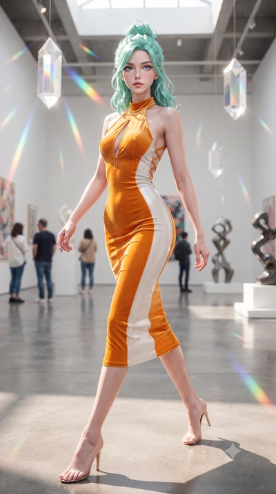 score_9, masterpiece, best quality, ultra-detailed, high-budget anime keyframe, editorial fashion photography, tasteful artistic composition, Japanese woman. low angle full-body shot from head to toe showing her feet, filling the entire 9:16 vertical