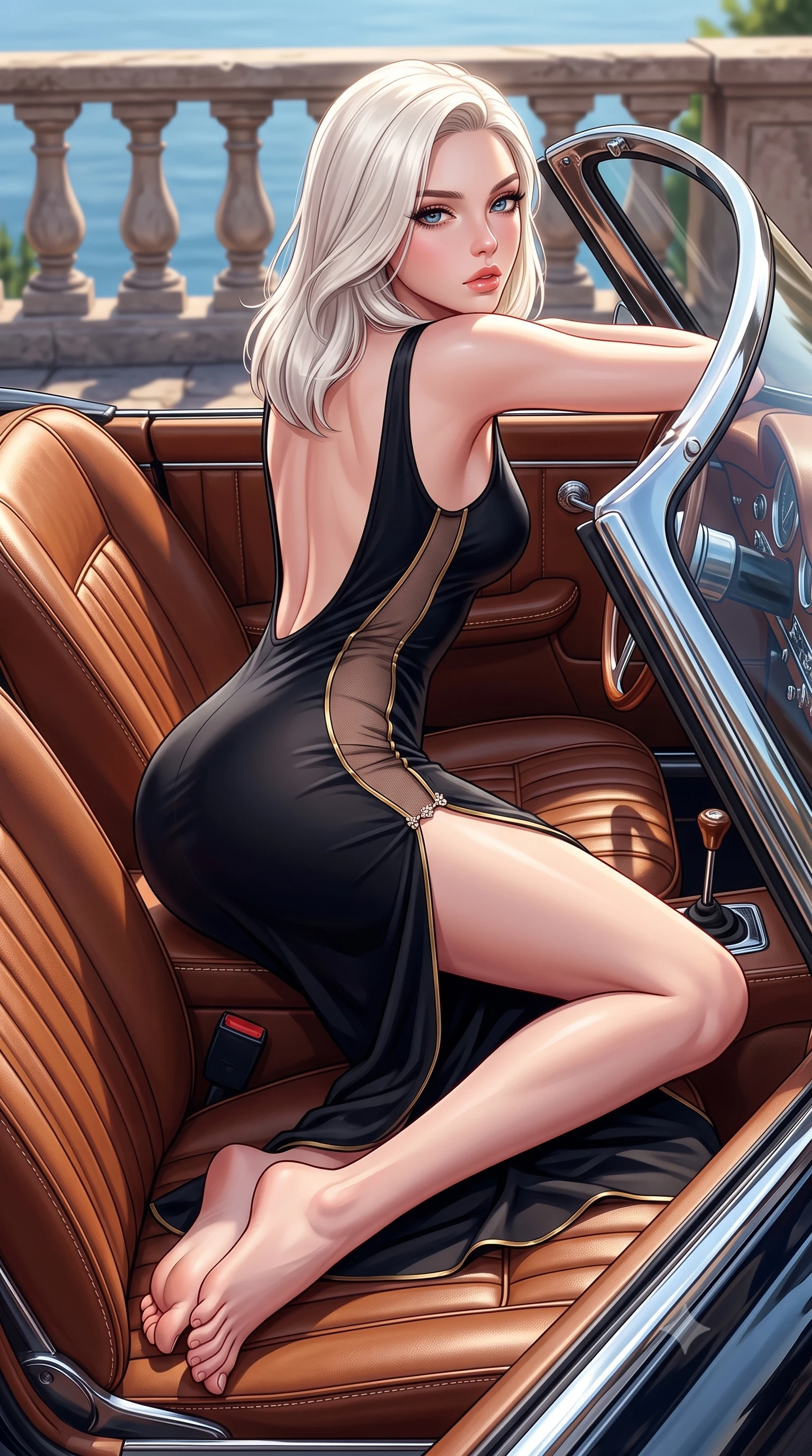 score_9, masterpiece, best quality, ultra-detailed, high-budget anime keyframe, semi-realistic 3D game render, editorial fashion photography, tasteful artistic composition, Caucasian woman. low angle full-body shot from head to toe showing her feet, filling the entire 9:16 vertical frame with her statuesque presence, stretching her vertical silhouette. reclining on her side in an elegant Cleopatra pose with one knee drawn up, the dramatic contour of her rounded hips and long slender legs commanding the 9:16 vertical frame while leaning against the chrome windshield frame of the sports car with hips cocked back, looking back over her bare shoulder with sun-dazed bedroom-eyes. The surrounding environment is rendered in vivid detail and crisp panoramic clarity. sharp vintage car chrome accents, stitched leather seat seams, and weathered stone railing in deep focus. She has an exceptionally tall and slender model-like 8.5-heads proportion, an ultra-slim waist, a flat toned midriff, narrow delicate ribcage, and beautifully sculpted feminine hips creating a graceful, slim hourglass silhouette without any bulky heaviness, with impossibly long slender legs. sharp v-shaped jawline, high-bridge nose, intricate jewel-like eyes with depth, thick eyelashes, glossy parted lips with a natural sheen, intensely captivating and seductive bedroom-eyes expression, flawlessly proportioned anatomical accuracy, strict slender model proportions, natural body alignment, perfectly sculpted long slender limbs, ultra-slim waistline, clean dynamic posture without body distortion. wearing a second-skin black silk jersey maxi dress with asymmetrical sheer mesh side panels tracing the full curve of her hip in midnight obsidian black and liquid gold, tailored from liquid silk jersey adhering flawlessly to her slender build, finished with an ultra-high side slit secured by miniature jeweled clasps, the dramatically scooped open back descending to the base of her spine, accentuating her razor-sharp statuesque lines and slim hourglass silhouette. surrounded by a carefree, elite, and irresistibly magnetic Saint-Tropez heiress aura. highly saturated vibrant anime colors, detailed shading with soft gradients, rich glossy textures, high-contrast stereoscopic depth, volumetric dynamic lighting, master piece, 9:16 ratio