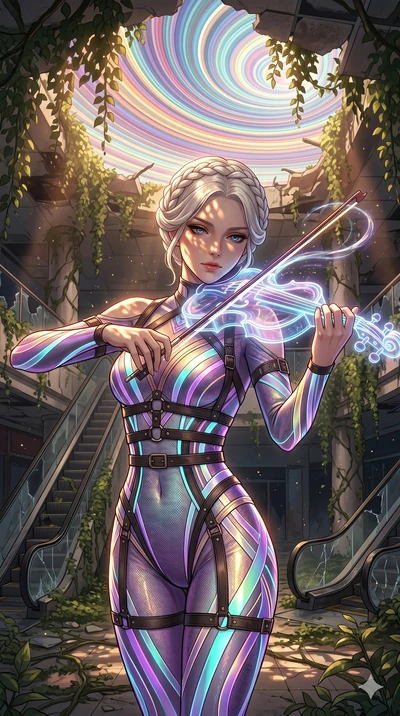 score_9, masterpiece, best quality, ultra-detailed, Set A: High-budget Anime Keyframe, Japanese woman. Upper body close-up from the thighs up, character filling the screen for maximum presence. Theme: Ethereal Dream. playing a holographic violin in a