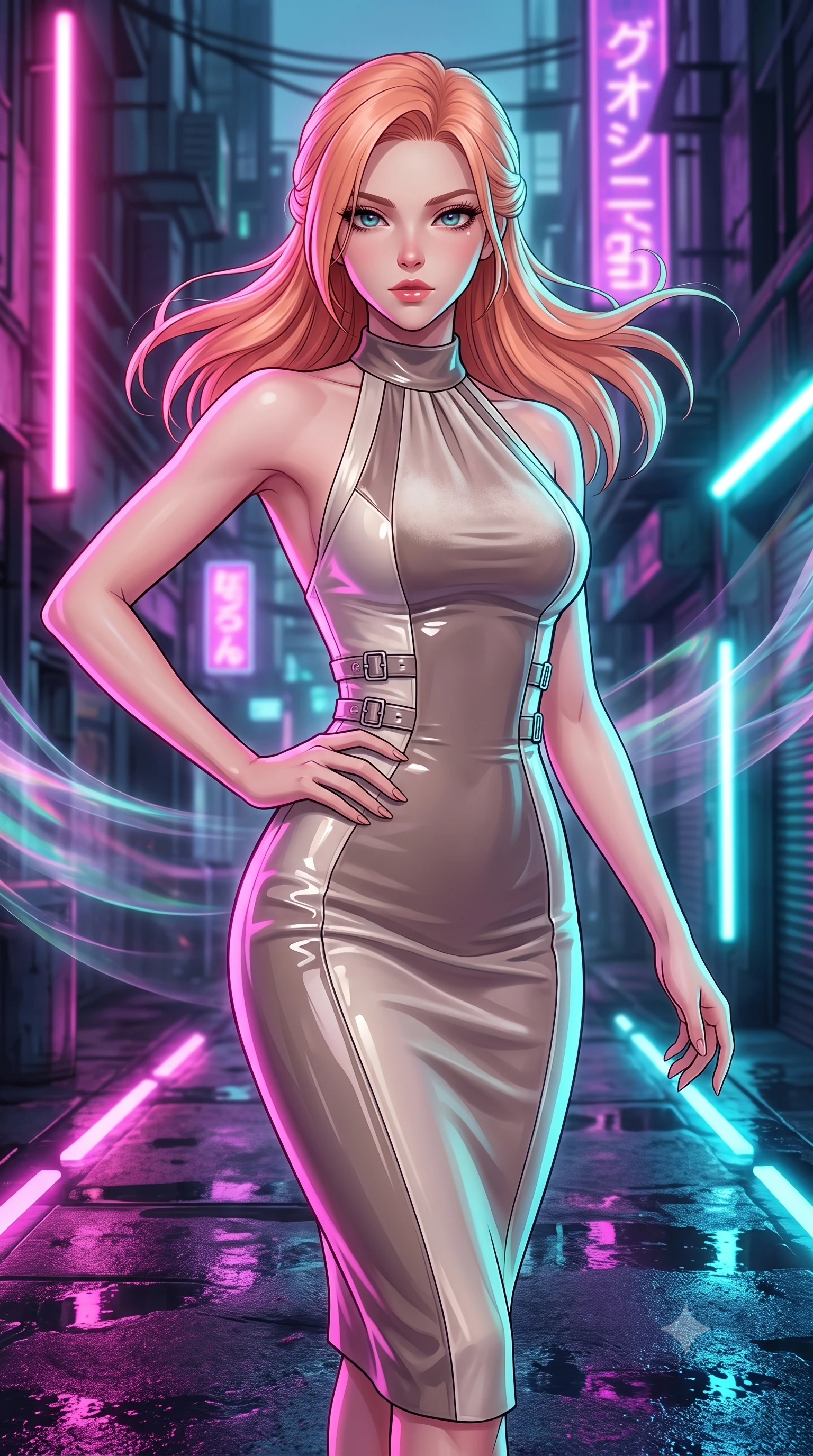 score_9, masterpiece, best quality, ultra-detailed, high-budget anime keyframe, editorial fashion photography, tasteful artistic composition, Japanese woman. close-up cowboy shot from the waist and thighs up, the character dominates the composition, filling the frame with her large presence, background elements kept in soft focus. Holding a powerful dynamic pose with one hand on her hip and body angled dramatically toward the key light while forging forward through a cybernetic alleyway as holographic wind swirls around her, wet rooftop surfaces reflecting glowing pink, purple, and cyan neon light bars. She has an exceptionally elegant, slender, and willowy female figure with an ultra-slim waist, a gracefully sculpted slender torso, and a refined silhouette. sharp v-shaped jawline, high-bridge nose, intricate jewel-like eyes with depth, thick eyelashes, glossy lips with a natural sheen, flawlessly proportioned anatomical accuracy, natural body alignment, perfectly sculpted elegant limbs, clean dynamic posture without body distortion. wearing a velvet halter-neck midi dress following her form like a glove in muted taupe and soft ivory, tailored from high-gloss patent leather, detailed with polished silver buckles along the waistline, the glove-like fit emphasizing her statuesque silhouette during motion. drenched in intense neon magenta and cyan rim light with dark urban contrast. highly saturated vibrant anime colors, detailed shading with soft gradients, rich glossy textures, high-contrast stereoscopic depth, volumetric dynamic lighting, master piece, 9:16 ratio
