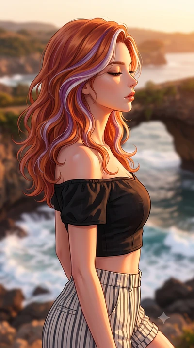 score_9, masterpiece, best quality, ultra-detailed, high-budget anime keyframe, editorial fashion photography, tasteful artistic composition, Caucasian woman woman. close-up cowboy shot from the waist and thighs up, the character dominates the compos