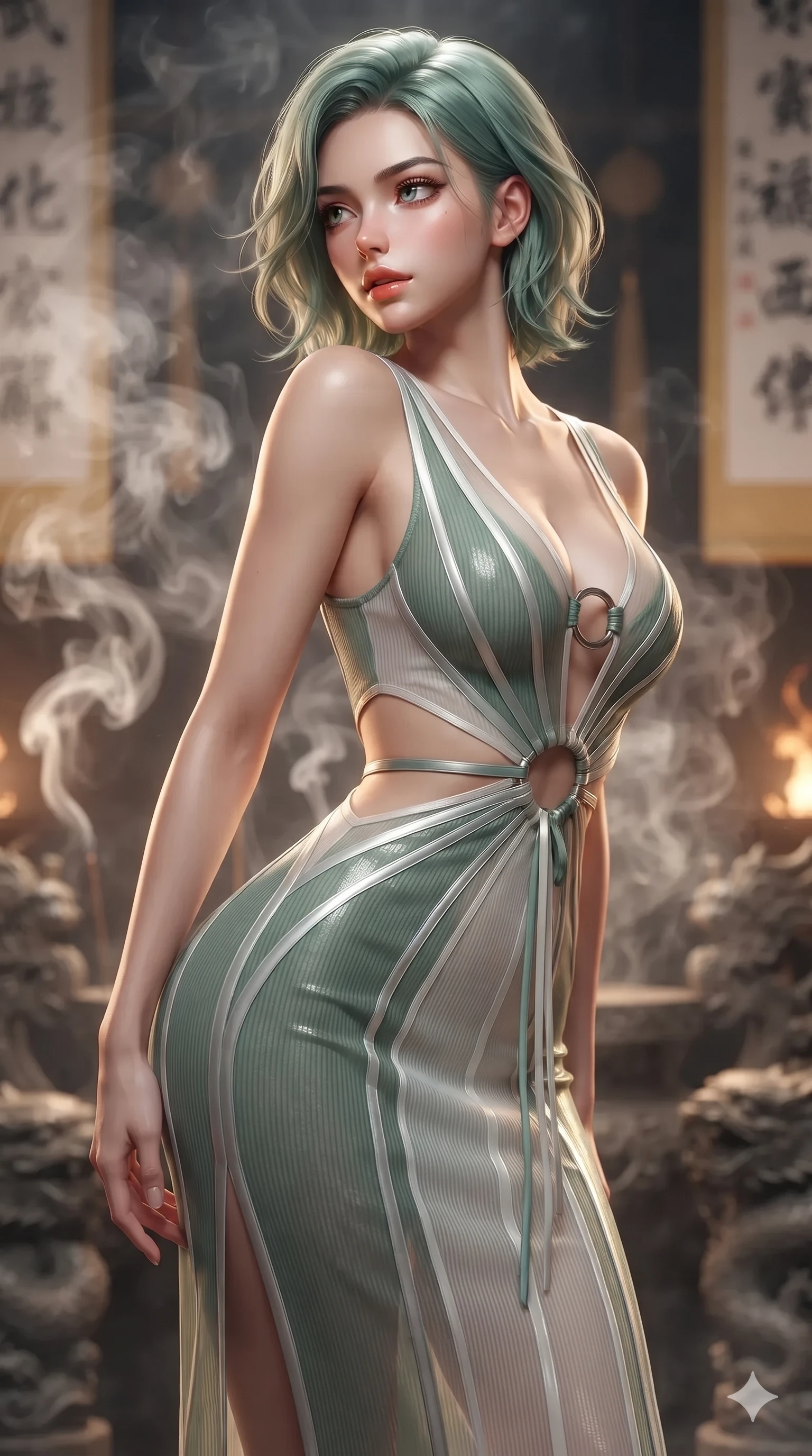 score_9, masterpiece, best quality, ultra-detailed, high-budget anime keyframe, editorial fashion photography, tasteful artistic composition, Caucasian woman. close-up cowboy shot from the waist and thighs up, the character dominates the composition, filling the frame with her large presence. twisting her slender torso in a deep contrapposto stance, hips dramatically shifted to accentuate her feminine curves while looking past her shoulder with smoldering bedroom-eyes while twisting her slender torso in an alluring S-curve among drifting incense smoke, warm brazier embers illuminating her hourglass curves. The background shows a soft-focus swirling white agarwood incense smoke, carved dragon column bases, and hanging silk calligraphy banners blurred into cream, gold, and charcoal bokeh. She has an exceptionally elegant, slender, and willowy female figure with an ultra-slim waist, flat toned midriff, narrow ribcage, and sculpted feminine hips creating an alluring, slim hourglass silhouette without bulk. sharp v-shaped jawline, high-bridge nose, sparkling eyes with hypnotic seductive depth, thick curled eyelashes, glossy parted lips with a natural dewy peach sheen, alluring bedroom-eyes with an enchanting coquettish smile, exuding magnetic siren charisma and sophisticated glamour, flawlessly proportioned anatomical accuracy, strict slender model proportions, natural body alignment, perfectly sculpted long slender limbs, ultra-slim waistline, clean dynamic posture without body distortion. wearing a plunge-front sheer illusion tulle slip dress with liquid platinum ribbon stripes and silk otgoreum ties hugging her curves in moonlit jade green and pure alabaster white with silver accents, tailored from fine ribbed modal knit with gentle elastic contouring and soft hand-feel, accented with sculptural chrome hardware rings framing the subtle cutouts, the form-contouring silhouette accentuating her sculpted flat midriff, narrow delicate ribcage, and gracefully curvy hips with intoxicating allure. bathed in warm 2200K bronze brazier glow cutting through atmospheric white incense smoke. ultra-reflective glossy finish, specular highlights, rich textural contrasts, high-contrast stereoscopic depth, volumetric dynamic lighting, 2k, ultra detail, master piece, 9:16 ratio