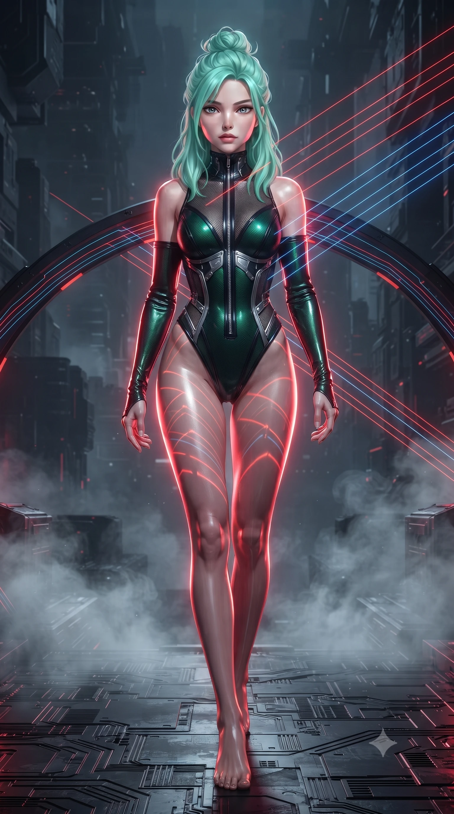 score_9, masterpiece, best quality, ultra-detailed, high-budget anime keyframe, editorial fashion photography, tasteful artistic composition, Japanese woman. low angle full-body shot from head to toe showing her feet, filling the entire 9:16 vertical frame with her statuesque presence, stretching her vertical silhouette. forging confidently through the dark atmospheric mist, holding a poised statuesque stance, standing on a dark metallic platform as laser scanning arches pass over her, intense futuristic dark atmosphere with crisp subject isolation. She has an absolutely perfect, statuesque 8.5-heads proportion, an exceptionally tall and slender model-like female figure with impossibly long slender legs and an ultra-slim waist. sharp v-shaped jawline, high-bridge nose, intricate jewel-like eyes with depth, thick eyelashes, glossy lips with a natural sheen. wearing asymmetric high-cut cyber-bodysuit with detached sleeves in onyx black in deep emerald green, made of fine dark contouring mesh, finished with metallic silver boning and sleek zipper points, highlighting her statuesque proportions and ultra-slim waistline. surrounded by a glowing red cybernetic aura with sharp rim highlights. ultra-reflective glossy finish, specular highlights, metallic sheen, high-contrast stereoscopic depth, volumetric dynamic lighting, 2k, ultra detail, master piece, 9:16 ratio