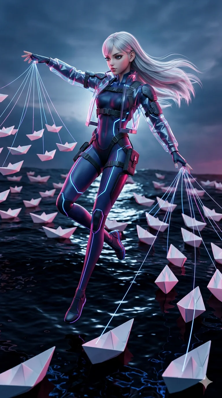 score_9, masterpiece, best quality, ultra-detailed, photorealistic 8k CG, hyper-detailed textures, ray-tracing, Caucasian (strictly human ears) anime girl. Mid-air action shot capturing a graceful twist and vertical silhouette. commanding a fleet of paper boats to sail on a sea of ink. She has an absolutely perfect 8-heads proportion, an exceptionally tall and slender female figure with an ultra-slim waist and impossibly long slender legs. strictly human anatomy, two legs only, no extra limbs, clearly defined legs and arms, perfect anatomy, perfect hands and fingers. sharp v-shaped jawline, high-bridge nose, intricate jewel-like eyes, thick eyelashes, glossy lips. Wearing Tech-Fantasy: Cybernetic tech-suit with glowing seams, translucent PVC over leotard, and modular tactical gear. The scene is illuminated by dramatic atmospheric lighting and vibrant color palettes. , 2k, ultra detail, master piece, 9:16 ratio
