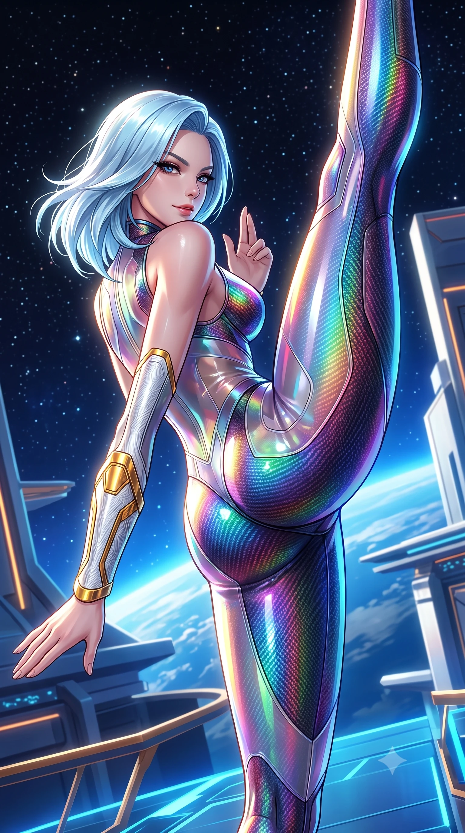 score_9, masterpiece, best quality, ultra-detailed, high-budget anime keyframe, semi-realistic 3D game render, editorial fashion photography, tasteful artistic composition, Korean woman. close-up cowboy shot from the waist and thighs up, the character dominates the composition, filling the frame with her large presence. resting one hand in a defensive deflective posture while glancing over her shoulder with thick eyelashes and a confident, smoldering combat half-smile while pivoting dynamically in mid-air as she executes a zero-G 180-degree vertical split kick against the star-filled cosmic backdrop. The surrounding environment is rendered in vivid detail and crisp panoramic clarity. dramatic orbital chiaroscuro and transcendent high-altitude martial arts architecture in panoramic precision. She has an exceptionally elegant, slender, and willowy female figure with an ultra-slim waist, a gracefully sculpted slender torso, toned flat midriff, and a refined slim silhouette. sharp v-shaped jawline, high-bridge nose, intricate jewel-like eyes with depth, thick eyelashes, glossy lips with a natural sheen, flawlessly proportioned anatomical accuracy, strict slender model proportions, natural body alignment, perfectly sculpted long slender limbs, ultra-slim waistline, clean dynamic posture without body distortion. wearing a high-gloss iridescent rainbow carbon-weave bodysuit with translucent cybernetic panels and Damascus-steel forearm bracers in arctic white carbon composite with radiant solar gold plating, crafted from ultra-strong woven carbon-fiber composite with a satin luster, finished with high-mobility flexible limb seams and miniature magnetic armor locks, the glove-like aerodynamic second-skin fit tightly clinging to her ultra-slender waist and athletic curves without adding bulk, accentuating her razor-sharp statuesque lines and slim hourglass silhouette. bathed in dazzling natural orbital sunlight and rich blue planetary ambient bounce light. rich saturated anime colors with glowing neon highlights, detailed shading with soft gradients, rich glossy textures, high-contrast stereoscopic depth, volumetric dynamic lighting, master piece, 9:16 ratio