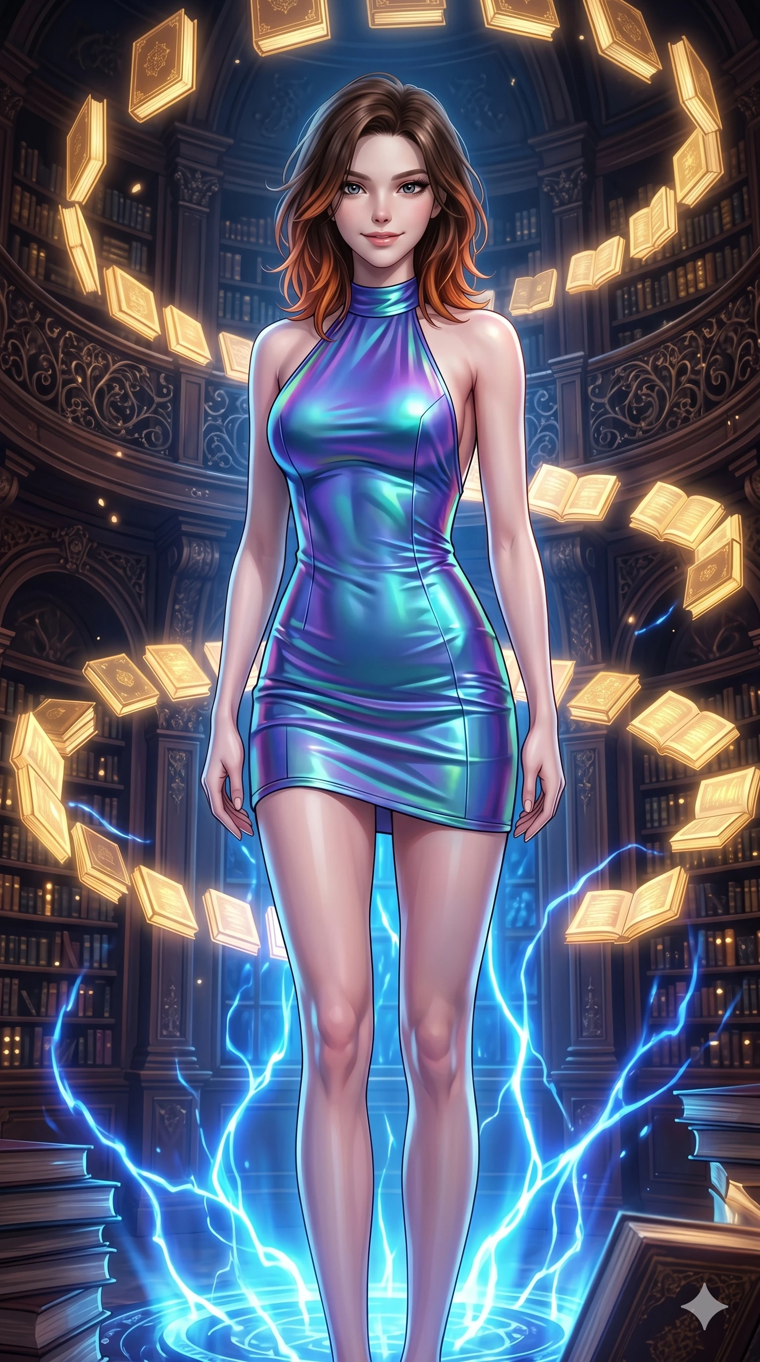 score_9, masterpiece, best quality, ultra-detailed, high-budget anime keyframe, editorial fashion photography, tasteful artistic composition, Caucasian woman, strictly human ears. cowboy shot from the thighs up, character and outfit filling the frame for maximum editorial presence. Smiling with quiet, magnetic self-assurance directly into the camera amidst a baroque library where glowing golden books orbit in slow spiral patterns. She has an absolutely perfect 8-heads proportion, an exceptionally tall and slender female figure with impossibly long slender legs and an ultra-slim waist. V-shaped jawline, high-bridge nose, intricate jewel-like eyes with depth, thick eyelashes, glossy lips with a natural sheen. wearing an iridescent color-shifting halter-neck mini dress with a structured open-back, a precision-fitted form-contouring body and an elevated hemline at the upper thigh. highlighted by pulsing electric blue plasma arc lighting from below, casting dramatic upward shadows. 2k, ultra detail, master piece, 9:16 ratio