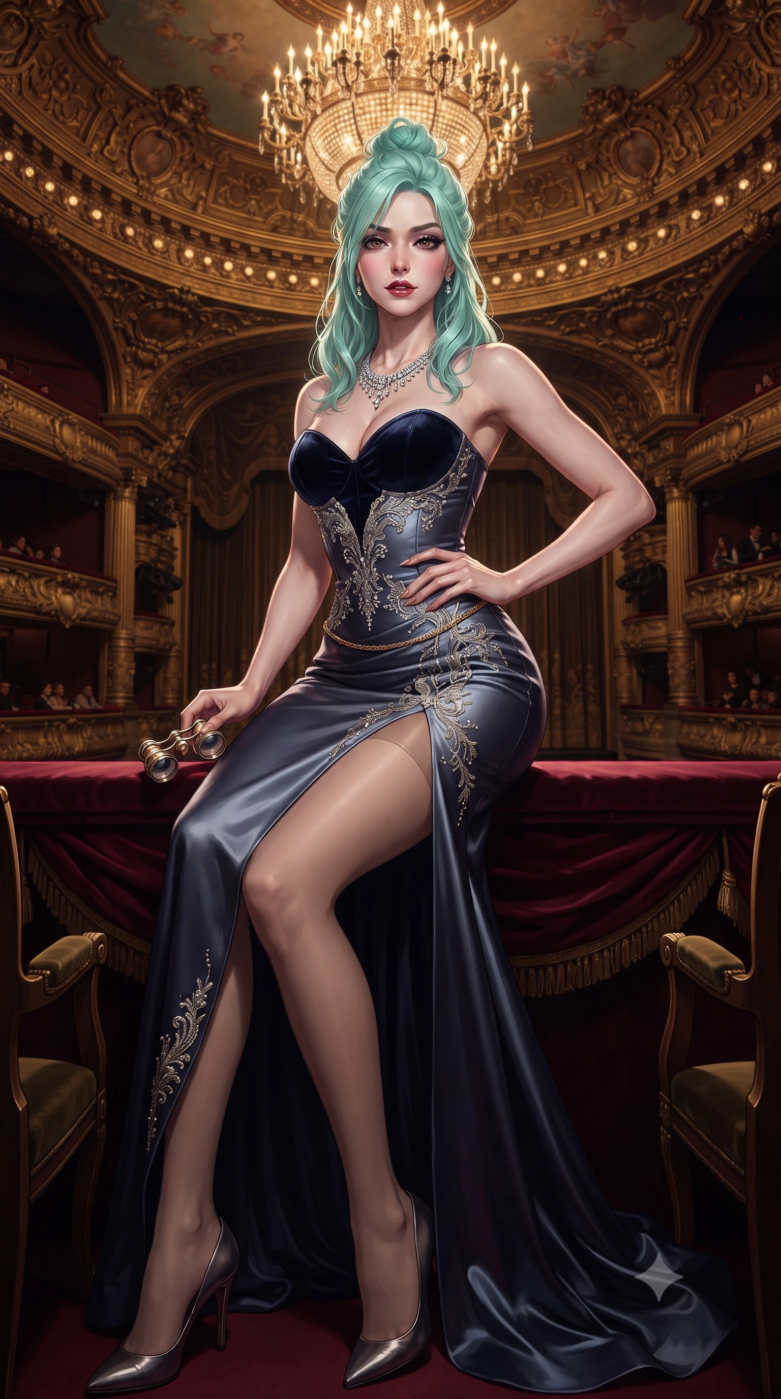 score_9, masterpiece, best quality, ultra-detailed, high-budget anime keyframe, editorial fashion photography, tasteful artistic composition, Japanese woman. low angle full-body shot from head to toe showing her feet, filling the entire 9:16 vertical frame with her statuesque presence, stretching her vertical silhouette. pausing mid-stride beneath the grand chandelier with one hand resting on her narrow waist, her arched hips and statuesque 8.5-heads presence commanding the 9:16 vertical frame while sitting perched at the front of the private theater box loge with opera glasses in hand, arching her back with an aristocratic, smoldering half-smile. The surrounding environment is rendered in vivid detail and crisp panoramic clarity. detailed gown embroidery, diamond necklace sparkle, and Paris opera house architectural clarity in high resolution. She has an exceptionally tall and slender model-like 8.5-heads proportion, an ultra-slim waist, a flat toned midriff, narrow delicate ribcage, and beautifully sculpted feminine hips creating a graceful, slim hourglass silhouette without any bulky heaviness, with impossibly long slender legs. sharp v-shaped jawline, high-bridge nose, intricate jewel-like dark sparkling eyes with dangerous depth, thick curled eyelashes, glossy parted lips with a rich wine sheen, smoldering seductive half-smile with bedroom-eyes, exuding effortless superiority and intoxicating dark allure, flawlessly proportioned anatomical accuracy, strict slender model proportions, natural body alignment, perfectly sculpted long slender limbs, ultra-slim waistline, clean dynamic posture without body distortion. wearing a sweetheart-neckline velvet bustier paired with a curve-hugging high-slit mermaid maxi skirt in midnight indigo and icy platinum, crafted from heavy fluid silk satin with a liquid mirror-like drape, finished with a delicate gold snake chain belt resting loosely across her curvy hips, the high-waisted tailoring accentuating her ultra-slim waistline and the enchanting curve of her feminine hips with alluring dark charm. bathed in majestic golden chandelier radiance and warm theater footlight bounce. ultra-reflective glossy finish, specular highlights, rich textural contrasts, high-contrast stereoscopic depth, volumetric dynamic lighting, 2k, ultra detail, master piece, 9:16 ratio