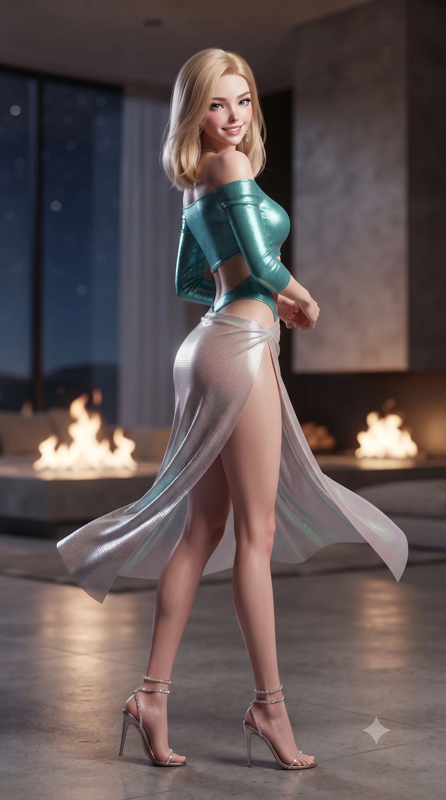 score_9, masterpiece, best quality, ultra-detailed, high-budget anime keyframe, editorial fashion photography, tasteful artistic composition, Korean woman. low angle full-body shot from head to toe showing her feet, filling the entire 9:16 vertical frame with her statuesque presence, stretching her vertical silhouette. executing a slow, graceful pivot turn as her skirt sways around her slender legs, glancing back with an enchanting, teasing sensual expression while twisting her slender torso in an alluring contrapposto stance on the concrete deck, starlight and interior fireplace glows tracing her flat midriff. The background shows a soft-focus interior minimalist hearth flames softened in avant-garde architectural sanctuary shallow focus. She has an exceptionally tall and slender model-like 8.5-heads proportion, an ultra-slim waist, a flat toned midriff, narrow delicate ribcage, and beautifully sculpted feminine hips creating a graceful, slim hourglass silhouette without any bulky heaviness, with impossibly long slender legs. sharp v-shaped jawline, high-bridge nose, intricate jewel-like sparkling eyes with depth, thick eyelashes, glossy parted lips with a natural peach sheen, bright cheerful beaming smile with an enchanting and coquettish sensual glint, exuding both youthful cute charm and seductive allure, flawlessly proportioned anatomical accuracy, strict slender model proportions, natural body alignment, perfectly sculpted long slender limbs, ultra-slim waistline, clean dynamic posture without body distortion. wearing a provocative off-the-shoulder crop top with asymmetrical side-torso cutouts and a high-slit wrap skirt in Sentosa tropical coral reef teal and pure iridescent pearl, crafted from stretch micro-mesh with liquid foil coating that shimmers with every movement, complemented by strappy stiletto sandals with crystal ankle wraps accentuating her slender calves, the bespoke structured tailoring following the natural line of her 8.5-heads silhouette with refined elegance. illuminated by concrete floor bounce and sharp starlight-platinum rim lights sculpting her jawline, narrow waist, and curvy hips. ultra-reflective glossy finish, specular highlights, rich textural contrasts, high-contrast stereoscopic depth, volumetric dynamic lighting, 2k, ultra detail, master piece, 9:16 ratio