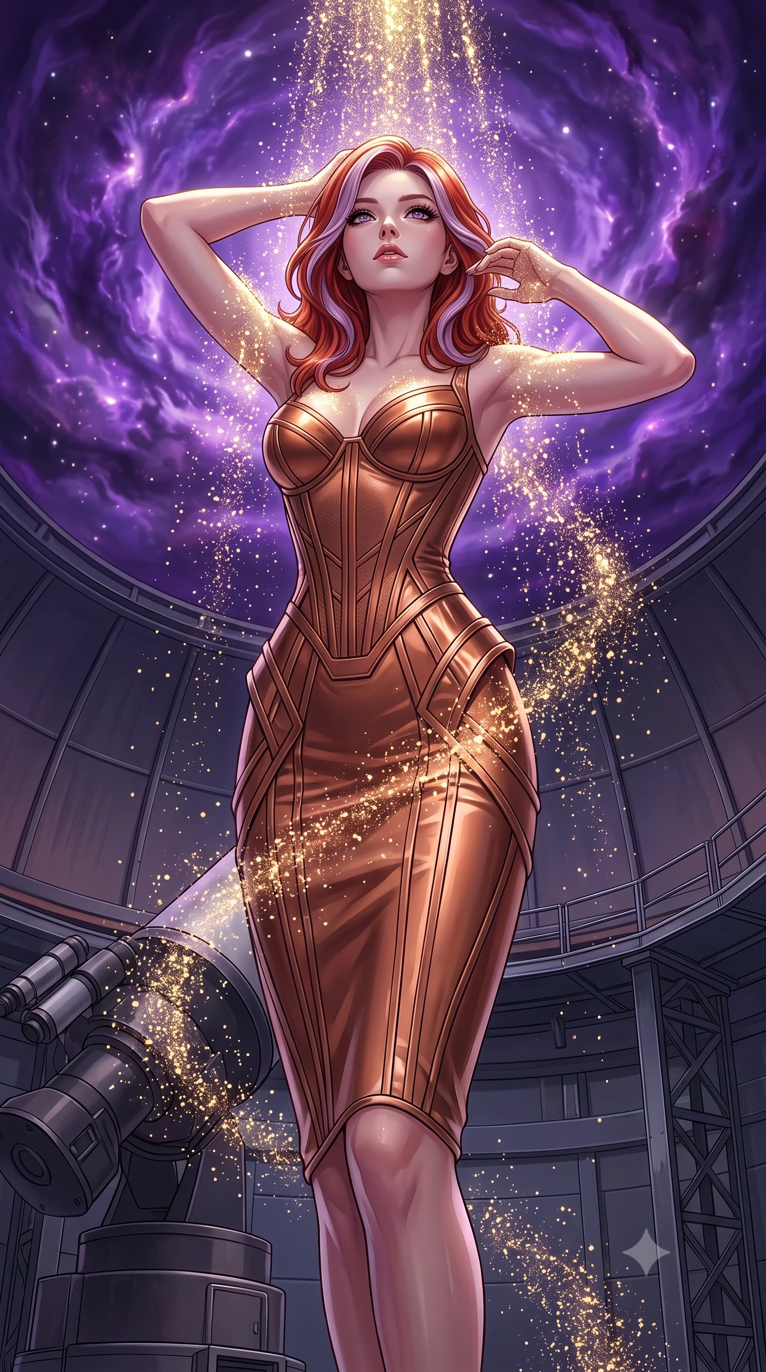 score_9, masterpiece, best quality, ultra-detailed, High-budget Anime Keyframe, Caucasian woman, strictly human ears. Low angle cowboy shot filling the entire 9:16 frame with her statuesque presence. Scenario 485: showering under a cascade of glittering gold stardust inside a high-altitude observatory dome under a swirling violet nebula. Her presence is magnetic and overpowering in this high-budget anime scene. Outfit 485: a tailored metallic copper matte vinyl corset dress layered over a structured corset bodice. The clothing is designed to emphasize her exceptionally tall and slender 8-heads proportion. 8-heads proportion, towering silhouette, ultra-slim waist. sharp v-shaped jawline, intricate jewel-like eyes with depth, thick eyelashes, glossy lips. 2k, ultra detail, master piece, 9:16 ratio