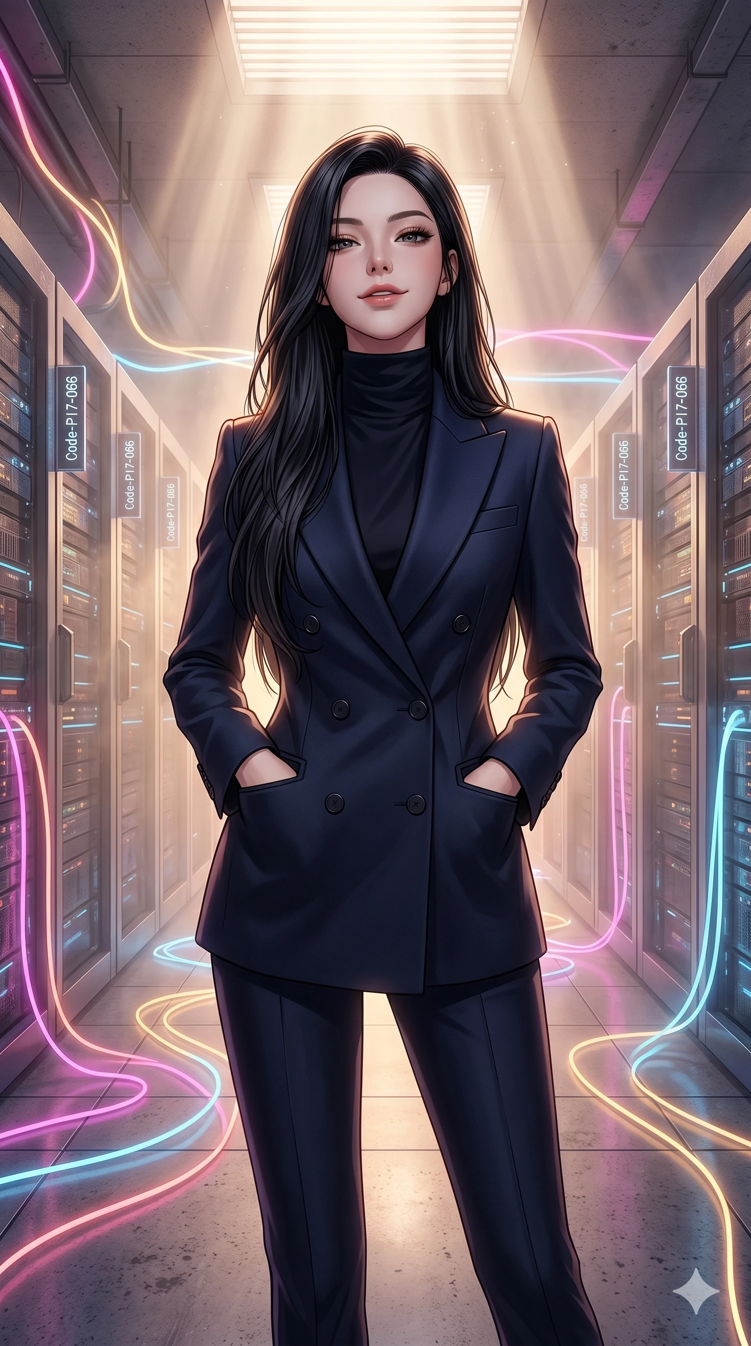 score_9, masterpiece, best quality, ultra-detailed, high-budget anime keyframe, editorial fashion photography, tasteful artistic composition, Korean woman. cowboy shot from the thighs up, character and outfit filling the frame for maximum editorial presence. tilting her head back slightly, looking down with a cool, self-assured smile in a cyberpunk server corridor filled with pulsing neon lines (Code-P17-066). She has an absolutely perfect 8-heads proportion, an exceptionally tall and slender female figure with impossibly long slender legs and an ultra-slim waist. V-shaped jawline, high-bridge nose, intricate jewel-like eyes with depth, thick eyelashes, glossy lips with a natural sheen. wearing a tailored high-neck blazer over silk top. soft morning sunbeams filtering through the mist, creating a soft glowing atmosphere. 2k, ultra detail, master piece, 9:16 ratio