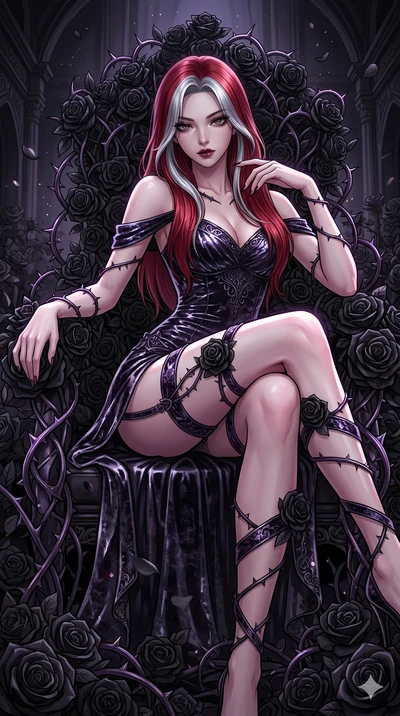 score_9, masterpiece, best quality, ultra-detailed, High-budget Anime Keyframe, East Asian woman. Dynamic full-body shot stretching the vertical silhouette to the limit. Scenario 60: Resting on a throne of black roses, thorns grazing her skin. Her pr