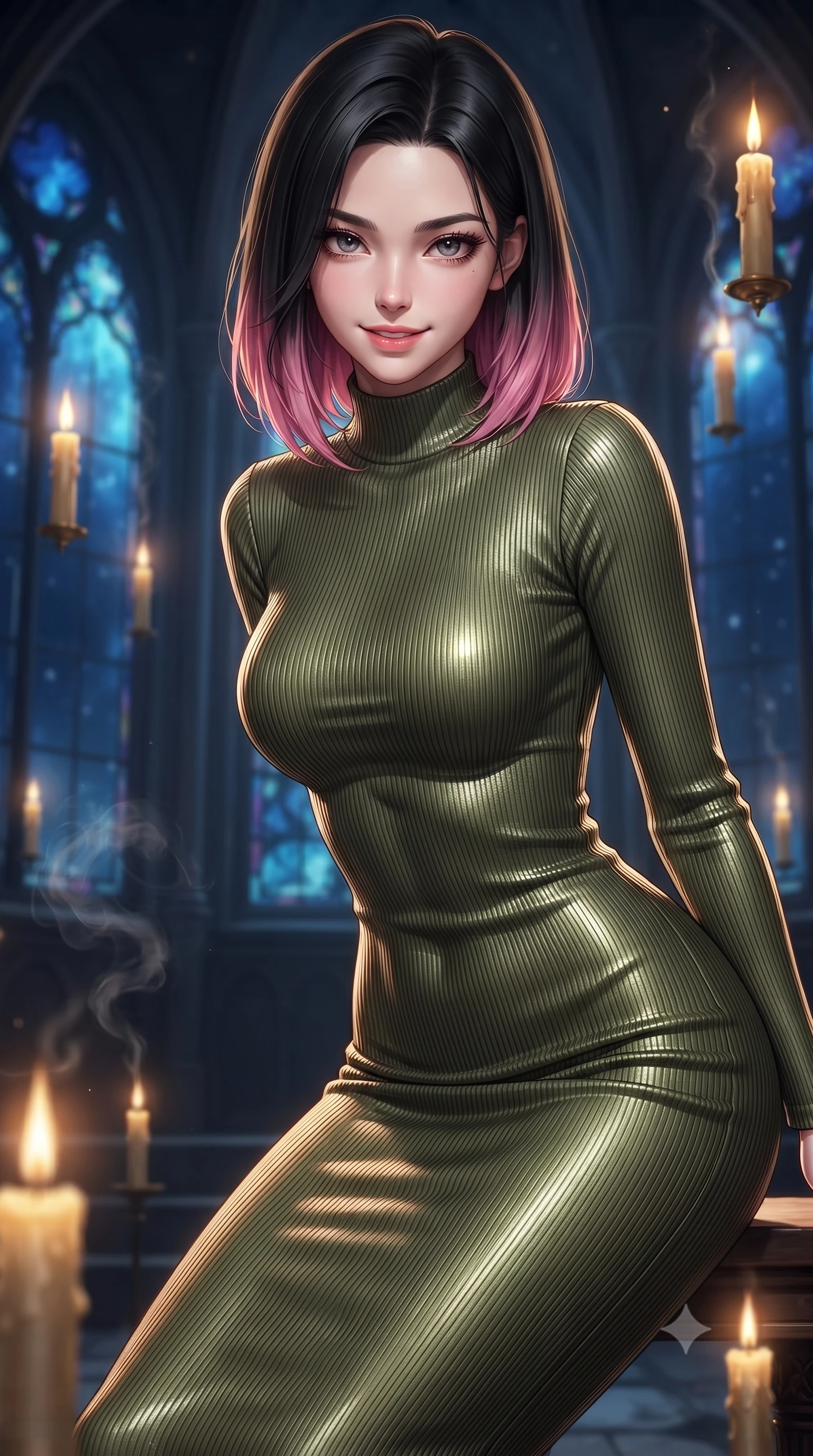 score_9, masterpiece, best quality, ultra-detailed, high-budget anime keyframe, editorial fashion photography, tasteful artistic composition, Korean woman. close-up cowboy shot from the waist and thighs up, the character dominates the composition, filling the frame with her large presence, background elements kept in soft focus. leaning slightly forward with a playful, teasing smile, her gaze locked onto the viewer with lips parted in a composed pose, the background shows a soft-focus a gothic sanctuary hall with floating brass candles and incense steam. She has an exceptionally elegant, slender, and willowy female figure with an ultra-slim waist, a gracefully sculpted slender torso, and a refined silhouette. sharp v-shaped jawline, high-bridge nose, intricate jewel-like eyes with depth, thick eyelashes, glossy lips with a natural sheen. wearing a form-contouring body-hugging ribbed carbon-fiber knit bodycon midi dress in olive green, featuring a snug mock-neck. warm candlelight clashing with the cold deep space blue void outside. ultra-reflective glossy finish, specular highlights, metallic sheen, high-contrast stereoscopic depth, volumetric dynamic lighting, 2k, ultra detail, master piece, 9:16 ratio