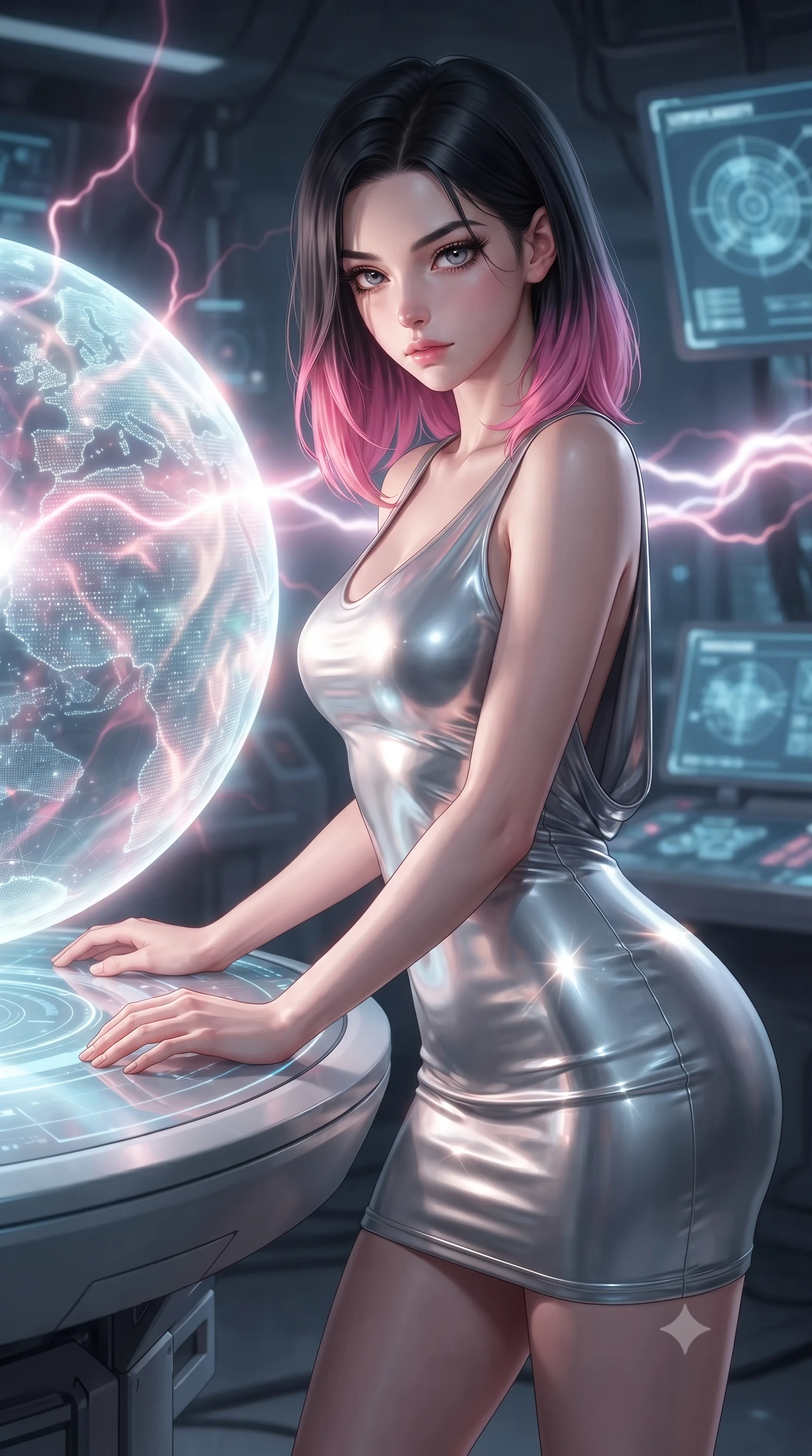 score_9, masterpiece, best quality, ultra-detailed, high-budget anime keyframe, editorial fashion photography, tasteful artistic composition, Korean woman. close-up cowboy shot from the waist and thighs up, the character dominates the composition, filling the frame with her large presence, background elements kept in soft focus. Leaning slightly forward with a composed, seductive gaze under soft glowing light interacting with a giant glowing holographic globe of a cybernetic planet, glowing plasma arcs pulsating rhythmically in the background. She has an exceptionally elegant, slender, and willowy female figure with an ultra-slim waist, a gracefully sculpted slender torso, and a refined silhouette. sharp v-shaped jawline, high-bridge nose, intricate jewel-like eyes with depth, thick eyelashes, glossy lips with a natural sheen. wearing a precision-fitted liquid silver jersey bodycon dress with a graceful draped back, the sleek second-skin texture accentuating her magnetic presence. lit by bright volumetric laser beams and soft specular highlights. ultra-reflective glossy finish, specular highlights, metallic sheen, high-contrast stereoscopic depth, volumetric dynamic lighting, 2k, ultra detail, master piece, 9:16 ratio