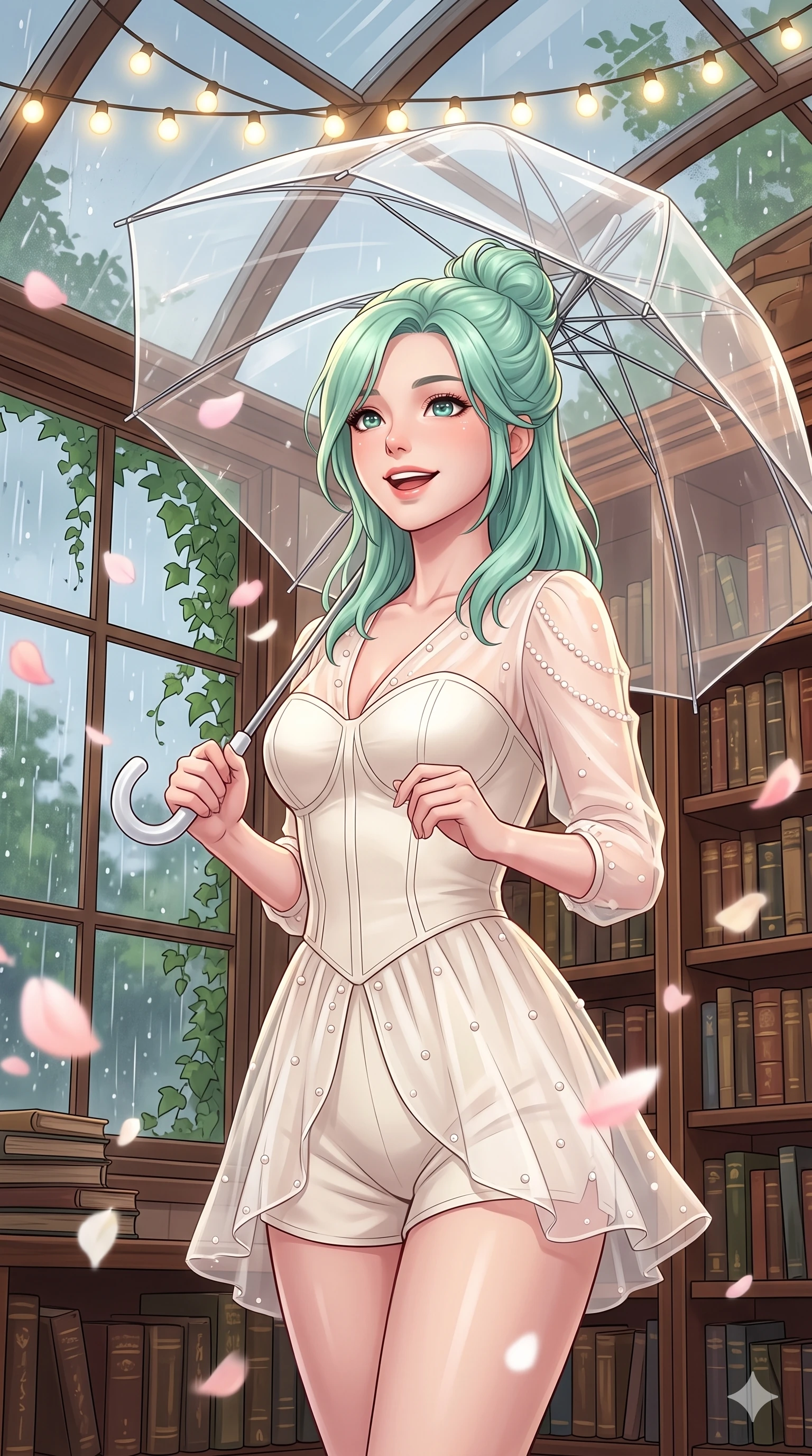 score_9, masterpiece, best quality, ultra-detailed, high-budget anime keyframe, vibrant anime aesthetic, Japanese woman. close-up cowboy shot from the waist and thighs up, the character dominates the composition, filling the frame with her large presence, background elements kept in soft focus. She is holding a clear umbrella, looking up with a bright, joyful expression, gazing warmly at the viewer surrounded by delicate flower petals. the background shows a soft-focus cozy retro library corner with floor-to-ceiling bookshelves and a large window showing rain falling on green ivy (Code-P22-187). She has an absolutely perfect proportion, an exceptionally elegant and slender female figure with an ultra-slim waist. V-shaped jawline, high-bridge nose, intricate jewel-like eyes with depth, thick eyelashes, glossy lips with a natural sheen. wearing a custom structured bodice combined with a delicate chiffon cover-up and shorts in ivory white and pearls. She is lit by warm, glowing fairy lights strung across the glass conservatory roof, casting clean highlights that trace her slim waist under the glass dome roof. 2k, ultra detail, master piece, 9:16 ratio