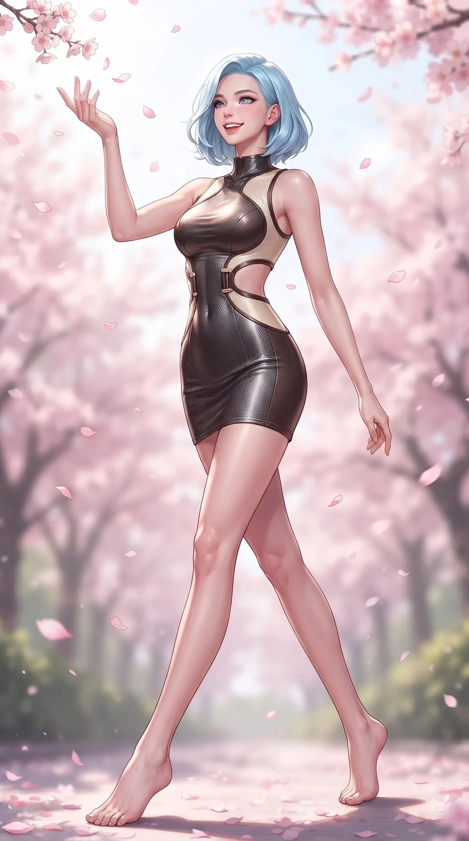 score_9, masterpiece, best quality, ultra-detailed, high-budget anime keyframe, editorial fashion photography, tasteful artistic composition, Korean woman. low angle full-body shot from head to toe showing her feet, filling the entire 9:16 vertical frame with her statuesque presence, stretching her vertical silhouette. stepping forward in a proud dynamic stride with a cheerful beaming smile, her vertical silhouette filling the frame while reaching her hand up playfully to catch falling pink cherry blossom petals in a spring breeze, floating pink petals drifting around her in dynamic, cheerful wind currents. She has an absolutely perfect, statuesque 8.5-heads proportion, an exceptionally tall and slender model-like female figure with impossibly long slender legs and an ultra-slim waist. sharp v-shaped jawline, high-bridge nose, intricate jewel-like eyes with depth, thick eyelashes, glossy lips with a natural sheen, flawlessly proportioned anatomical accuracy, natural body alignment, perfectly sculpted elegant limbs, clean dynamic posture without body distortion. wearing a dramatic open-waist cutout mini dress framed by sculptural hardware in espresso brown and warm cream, made of fine carbon-fiber weave and soft matte leather, featuring clean architectural cutouts along her slender torso, the form-contouring material highlighting her ultra-slim waist and long lines. surrounded by a serene, uplifting spring aura with cheerful highlights. ultra-reflective glossy finish, specular highlights, metallic sheen, high-contrast stereoscopic depth, volumetric dynamic lighting, 2k, ultra detail, master piece, 9:16 ratio