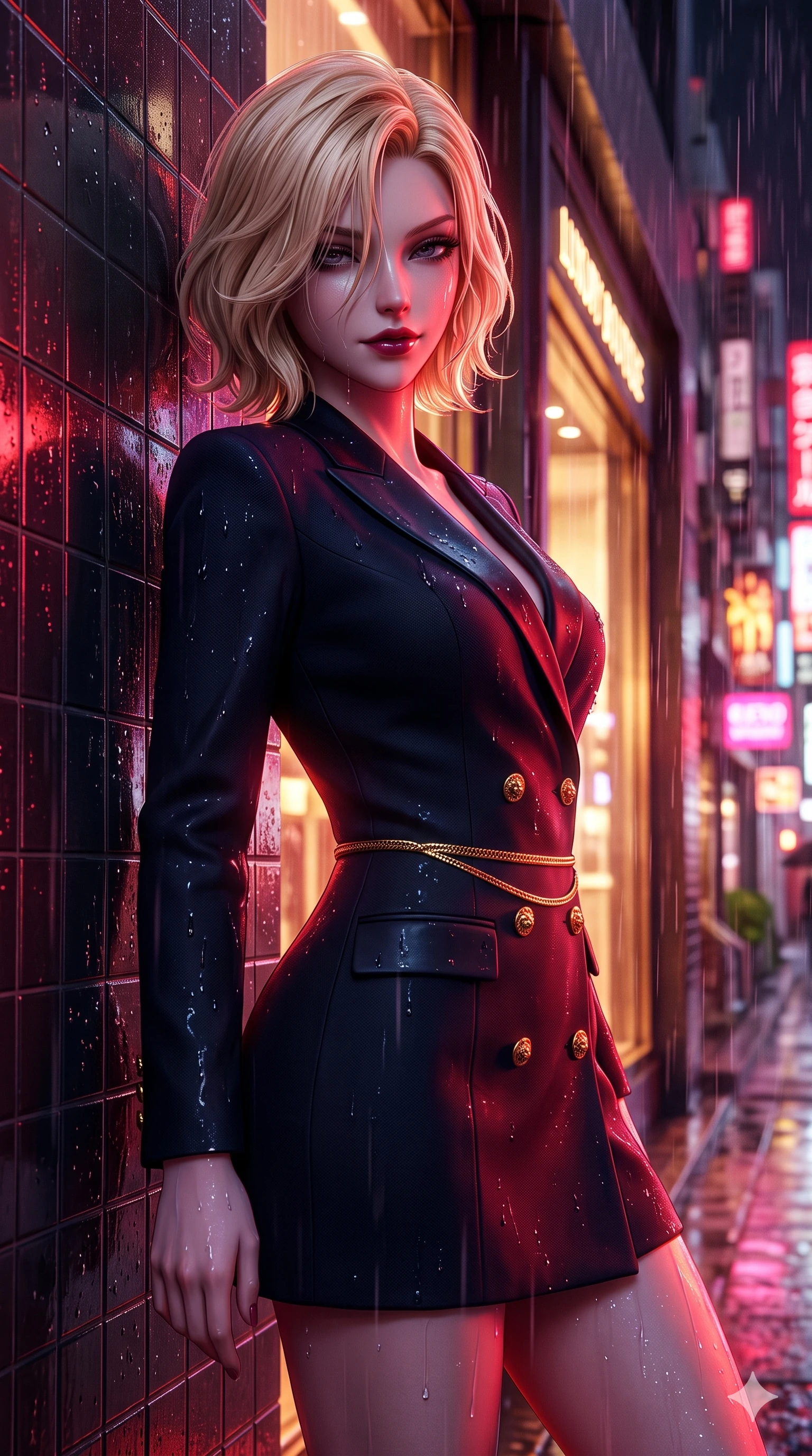 score_9, masterpiece, best quality, ultra-detailed, high-budget anime keyframe, semi-realistic 3D game render, editorial fashion photography, tasteful artistic composition, Caucasian woman. close-up cowboy shot from the waist and thighs up, the character dominates the composition, filling the frame with her large presence. pausing beside an illuminated luxury boutique window with hips cocked back, glancing back with an enchanting, dangerous smile through falling rain while leaning back against the rain-slicked tile wall with hips cocked back, looking through dark wet strands of hair with heavy-lidded bedroom-eyes. The surrounding environment is rendered in vivid detail and crisp panoramic clarity: detailed liquid-look vinyl mini dress tailoring, gold snake chain belt, and urban Ginza architecture in razor-sharp precision. She has an exceptionally elegant, slender, and willowy female figure with an ultra-slim waist, flat toned midriff, narrow ribcage, and sculpted feminine hips creating an alluring, slim hourglass silhouette without bulk. sharp v-shaped jawline, high-bridge nose, intricate jewel-like dark sparkling eyes with dangerous depth, thick curled eyelashes, glossy parted lips with a rich wine sheen, smoldering seductive half-smile with bedroom-eyes, exuding effortless superiority and intoxicating dark allure, flawlessly proportioned anatomical accuracy, strict slender model proportions, natural body alignment, perfectly sculpted long slender limbs, ultra-slim waistline, clean dynamic posture without body distortion. wearing a tailored double-breasted midnight tuxedo jacket dress with satin peak lapels and golden lion-head buttons in wet asphalt charcoal and neon magenta reflections, tailored from fine lightweight midnight wool crepe with crisp architectural structure, complemented by strappy stiletto heels with metallic ankle cuffs accentuating her slender calves, the bespoke structured tailoring following the natural line of her 8.5-heads silhouette with refined elegance. bathed in intense saturated crimson and warm gold neon underlights contrasting with dark rain-soaked shadow tones. highly saturated vibrant anime colors, detailed shading with soft gradients, rich glossy textures, high-contrast stereoscopic depth, volumetric dynamic lighting, master piece, 9:16 ratio