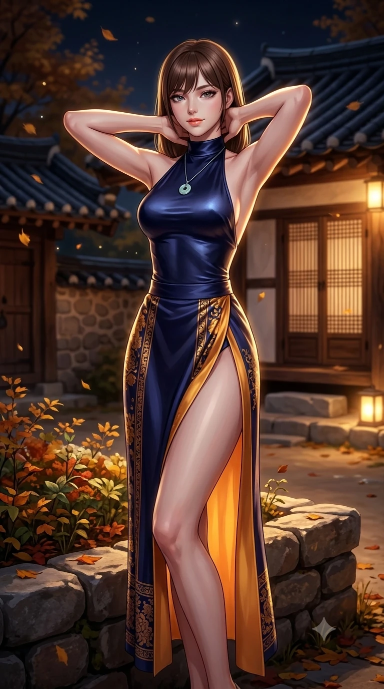 score_9, masterpiece, best quality, ultra-detailed, high-budget anime keyframe, semi-realistic 3D game render, editorial fashion photography, tasteful artistic composition, Korean woman. close-up cowboy shot from the waist and thighs up, the character dominates the composition, filling the frame with her large presence. resting both hands lightly behind her neck with elbows raised, arching her spine to highlight her narrow waist, flat midriff, and breathtaking collarbones while standing tall beside the stone flower bed in the hanok courtyard, arching her lower back to emphasize her curvy hips against the clay-tiled eaves. The background shows a soft-focus historic Korean hanok courtyard softened in tranquil autumn night shallow focus. She has an exceptionally elegant, slender, and willowy female figure with an ultra-slim waist, flat toned midriff, narrow ribcage, and sculpted feminine hips creating an alluring, slim hourglass silhouette without bulk. sharp v-shaped jawline, high-bridge nose, sparkling eyes with hypnotic seductive depth, thick curled eyelashes, glossy parted lips with a natural dewy peach sheen, alluring bedroom-eyes with an enchanting coquettish smile, exuding magnetic siren charisma and sophisticated glamour, flawlessly proportioned anatomical accuracy, strict slender model proportions, natural body alignment, perfectly sculpted long slender limbs, ultra-slim waistline, clean dynamic posture without body distortion. wearing a sleek high-neck backless silk halter leotard styled with a high-slit chima wrap skirt revealing her long slender legs in midnight indigo and glowing lantern topaz, tailored from smooth liquid silk satin with a natural dewy moonlight sheen, finished with a minimalist celadon porcelain pendant on a fine silk cord, the impeccably tailored cut draping gracefully along her slender figure with aristocratic eastern poise. illuminated by courtyard lantern bounce and sharp honey-gold rim lights sculpting her razor-sharp jawline, narrow waist, and curvy hips. highly saturated vibrant anime colors, detailed shading with soft gradients, rich glossy textures, high-contrast stereoscopic depth, volumetric dynamic lighting, master piece, 9:16 ratio