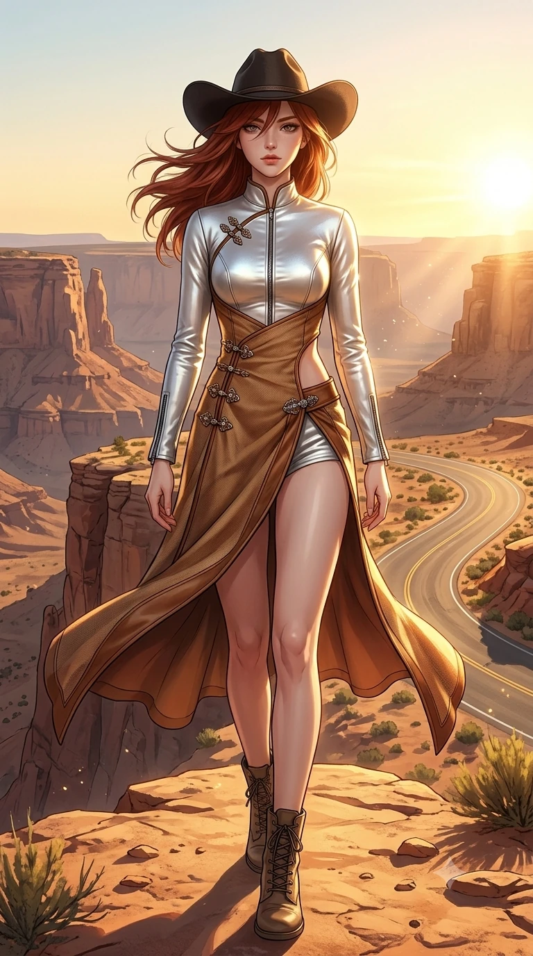 score_9, masterpiece, best quality, ultra-detailed, high-budget anime keyframe, semi-realistic 3D game render, editorial fashion photography, tasteful artistic composition, Korean woman. low angle full-body shot from head to toe showing her feet, filling the entire 9:16 vertical frame with her statuesque presence, stretching her vertical silhouette. striding across the sun-drenched desert highway as warm breezes whip her garments open, accentuating her long slender legs and curvy hips while twisting her slender torso in an alluring contrapposto stance on the cliff rim, sunset canyon breezes whipping her hair and tracing her flat midriff and curvy hips. The surrounding environment is rendered in vivid detail and crisp panoramic clarity: detailed high-slit wrap cheongsam tailoring, jeweled clasp closures, and monumental canyon precipice in razor-sharp clarity. She has an absolutely perfect, statuesque 8.5-heads proportion, an exceptionally tall and slender model-like female figure with impossibly long slender legs, an ultra-slim waist, a flat toned midriff, narrow delicate ribcage, and beautifully sculpted feminine hips creating a graceful, slim hourglass silhouette without any bulky heaviness. sharp v-shaped jawline, high-bridge nose, sparkling eyes with hypnotic seductive depth, thick curled eyelashes, glossy parted lips with a natural dewy peach sheen, alluring bedroom-eyes with an enchanting coquettish smile, exuding magnetic siren charisma and sophisticated glamour, flawlessly proportioned anatomical accuracy, strict slender model proportions, natural body alignment, perfectly sculpted long slender limbs, ultra-slim waistline, clean dynamic posture without body distortion. wearing a second-skin stretch lambskin leather racer jumpsuit with high mandarin collar and sleek zipped sleeves in shimmering silver mercury and sunlit pearl, crafted from rugged heavy-duty canvas and oiled leather with authentic desert durability, finished with a wide-brimmed felt cowboy hat tipped back to frame her face and long glossy hair, the bespoke structured tailoring following the natural line of her 8.5-heads silhouette with refined elegance. bathed in the blinding, warm 2200K golden-hour rays of the setting sun casting brilliant specular highlights along her silhouette. highly saturated vibrant anime colors, detailed shading with soft gradients, rich glossy textures, high-contrast stereoscopic depth, volumetric dynamic lighting, master piece, 9:16 ratio