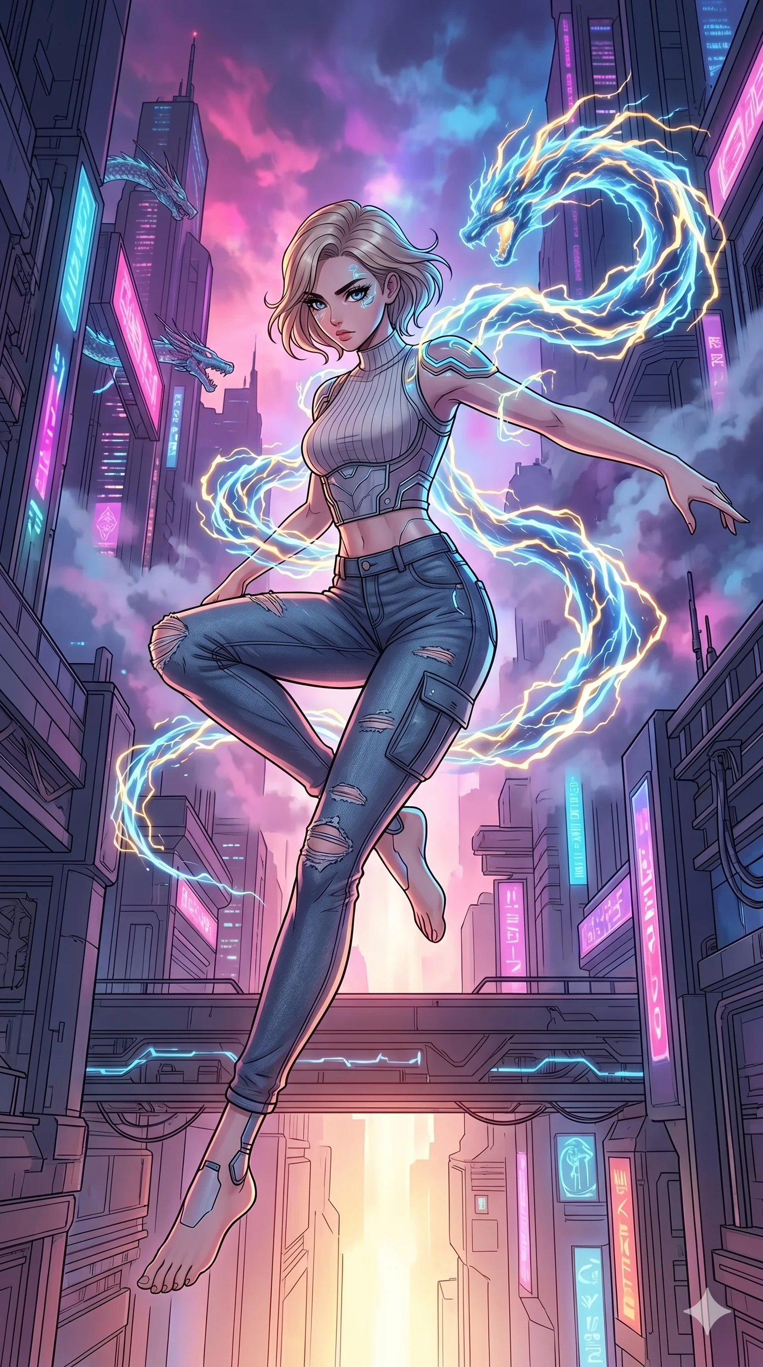 score_9, masterpiece, best quality, ultra-detailed, high-budget anime movie keyframe, cinematic anime lighting, intricate line art, Caucasian woman. Low angle medium shot capturing a powerful motion and statuesque presence. summoning a spirit of lightning that dances around her shoulders. She has an elegant and graceful female figure with elegant silhouette. sharp v-shaped jawline, high-bridge nose, intricate jewel-like eyes, thick eyelashes, soft lips. Wearing Urban Trendsetter: Ribbed fitted dress, crop top with high-waist denim, and elegant bodice with cargo pants. The scene is illuminated by dramatic atmospheric lighting and vibrant color palettes. , 2k, ultra detail, master piece, 9:16 ratio
