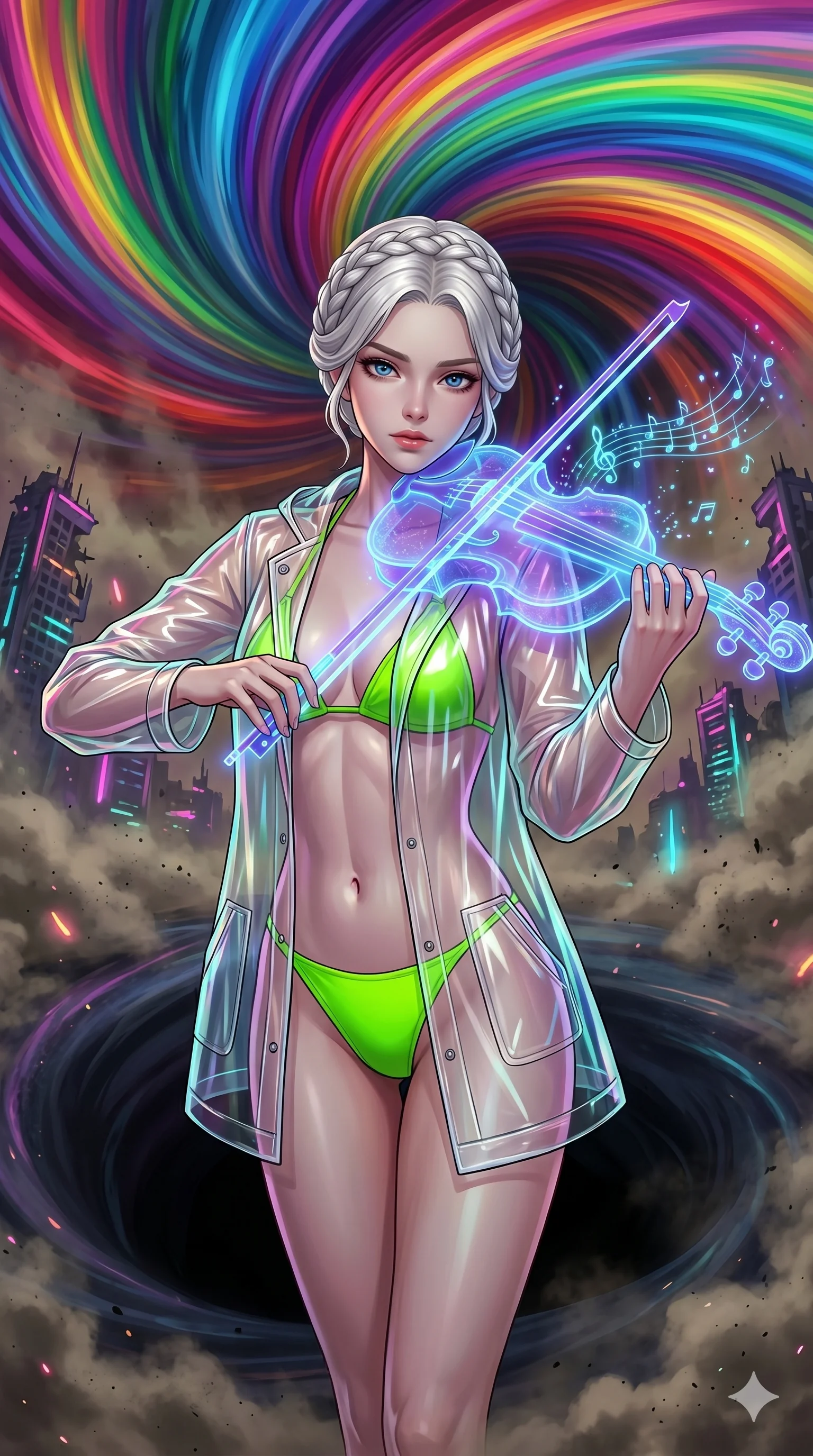 score_9, masterpiece, best quality, ultra-detailed, Set A: High-budget Anime Keyframe, Korean woman. Upper body close-up from the thighs up, character filling the screen for maximum presence. Theme: Urban Decay. playing a holographic violin in the edge of a black hole, with a look of serene power as the sky splits into 78 colors. The atmosphere is filled with heavy smog with neon flares. She has an absolutely perfect 8-heads proportion, an exceptionally tall and slender female figure with impossibly long slender legs and an ultra-slim waist. Sharp v-shaped jawline, high-bridge nose, intricate jewel-like eyes with depth, glossy lips. Wearing Transparent rain-shell over a neon-green micro-bikini and tactical boots. Cinematic lighting, vivid colors, dramatic shadows, 2k, ultra detail, master piece, 9:16 ratio