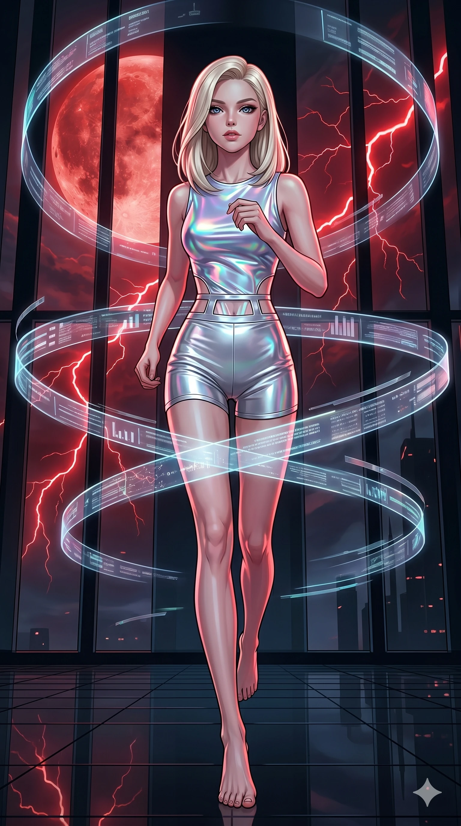 score_9, masterpiece, best quality, ultra-detailed, high-budget anime keyframe, editorial fashion photography, tasteful artistic composition, Caucasian woman, strictly human ears. low angle full-body shot from head to toe showing her feet, filling the entire 9:16 vertical frame with her statuesque presence, stretching her vertical silhouette. dashing past inside an obsidian glass palace reflecting a blood moon and red lightning as floating holographic data ribbons swirl in a graceful orbit. She has an absolutely perfect 8-heads proportion, an exceptionally tall and slender female figure with impossibly long slender legs and an ultra-slim waist. V-shaped jawline, high-bridge nose, intricate jewel-like eyes with depth, thick eyelashes, glossy lips with a natural sheen.. wearing a holographic liquid silk vest and silver metallic high-waist fitted shorts, featuring a architectural waist window detail and form-fitting silhouette. accented by dynamic color-blocked lighting with high-contrast shadows emphasizing her statuesque height. 2k, ultra detail, master piece, 9:16 ratio