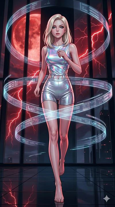score_9, masterpiece, best quality, ultra-detailed, high-budget anime keyframe, editorial fashion photography, tasteful artistic composition, Caucasian woman, strictly human ears. low angle full-body shot from head to toe showing her feet, filling th