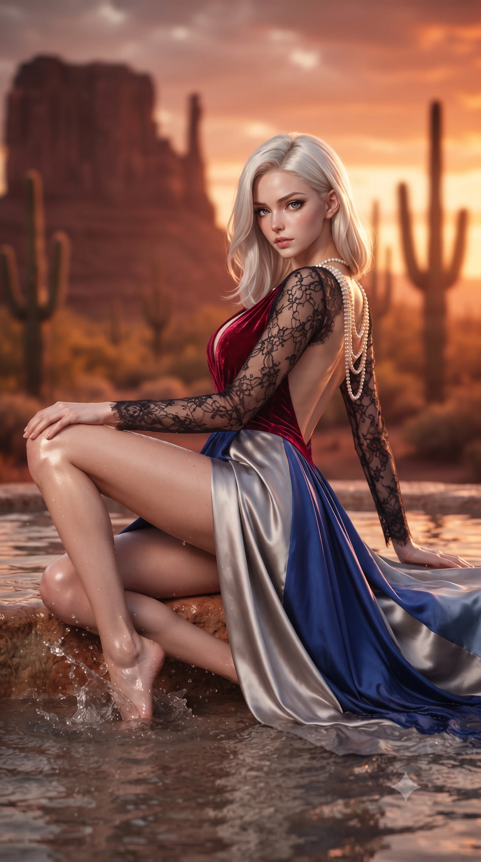 score_9, masterpiece, best quality, ultra-detailed, high-budget anime keyframe, editorial fashion photography, tasteful artistic composition, Caucasian woman. low angle full-body shot from head to toe showing her feet, filling the entire 9:16 vertical frame with her statuesque presence, stretching her vertical silhouette. reclining on her side in an elegant Cleopatra pose with one knee drawn up, the dramatic contour of her rounded hips and long slender legs commanding the 9:16 vertical frame while wading lightly into the shallow thermal mineral pool, water splashing around her slender ankles as she turns in an alluring dancer S-curve. The composition keeps background elements in soft focus with creamy bokeh. monumental crimson sandstone buttes and saguaro cactus silhouettes blurred into glowing terracotta, burnt orange, and desert-gold bokeh. She has an exceptionally tall and slender model-like 8.5-heads proportion, an ultra-slim waist, a flat toned midriff, narrow delicate ribcage, and beautifully sculpted feminine hips creating a graceful, slim hourglass silhouette without any bulky heaviness, with impossibly long slender legs. sharp v-shaped jawline, high-bridge nose, intricate jewel-like eyes with depth, thick eyelashes, glossy parted lips with a natural sheen, intensely captivating and seductive bedroom-eyes expression, flawlessly proportioned anatomical accuracy, strict slender model proportions, natural body alignment, perfectly sculpted long slender limbs, ultra-slim waistline, clean dynamic posture without body distortion. wearing a plunging-V neckline crushed crimson velvet opera gown with delicate black lace sleeves and bare back in royal sapphire blue and brushed platinum, tailored from ultra-smooth duchess satin with a pearlescent sheen, accented with a multi-strand pearl back necklace cascading down her bare spine to her hips, the dramatically scooped open back descending to the base of her spine, accentuating her razor-sharp statuesque lines and slim hourglass silhouette. bathed in blazing crimson and copper sunset backlighting and warm sandstone bounce fill. ultra-reflective glossy finish, specular highlights, rich textural contrasts, high-contrast stereoscopic depth, volumetric dynamic lighting, 2k, ultra detail, master piece, 9:16 ratio