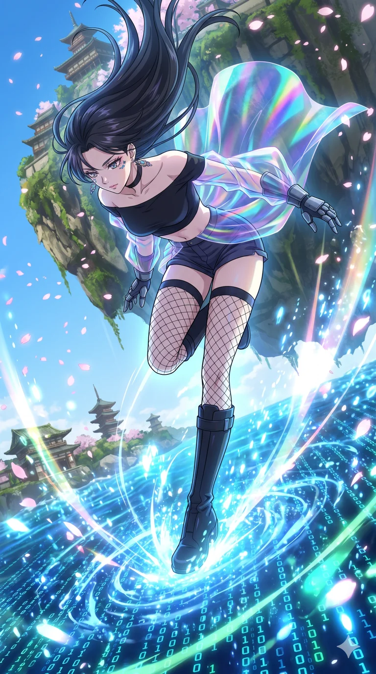 score_9, masterpiece, best quality, ultra-detailed, High-budget Anime Keyframe, vibrant colors, fluid line-art, expressive lighting, cinematic composition, Ufotable-style visual effects, top-tier animation quality, Japanese woman with delicate and elegant anime-inspired features. Cinematic low angle perspective showcasing her towering height and perfect 8-heads proportion. Diving into a vast sea of digital code and liquid light, her form becoming one with the stream of information. She has an absolutely perfect 8-heads proportion, an exceptionally tall and slender female figure with impossibly long slender legs and an ultra-slim waist, her statuesque height and towering silhouette dominating the vertical 9:16 frame. Her face is a masterpiece featuring a sharp v-shaped jawline, high-bridge nose, intricate jewel-like eyes with depth, thick eyelashes, and glossy lips with a natural sheen. She is wearing a Off-shoulder crop top paired with micro-skirts and thigh-high fishnet stockings crafted from Holographic chiffon that changes color with every movement, creating a rainbow effect, with a dangerous high slit that showcases her impossibly long slender legs. The scene is set in an ancient floating island with pink cherry blossoms falling like snow against a blue sky, illuminated by intense energy flares from her powers illuminating the scene with brilliant light. 2k, ultra detail, master piece, 9:16 ratio